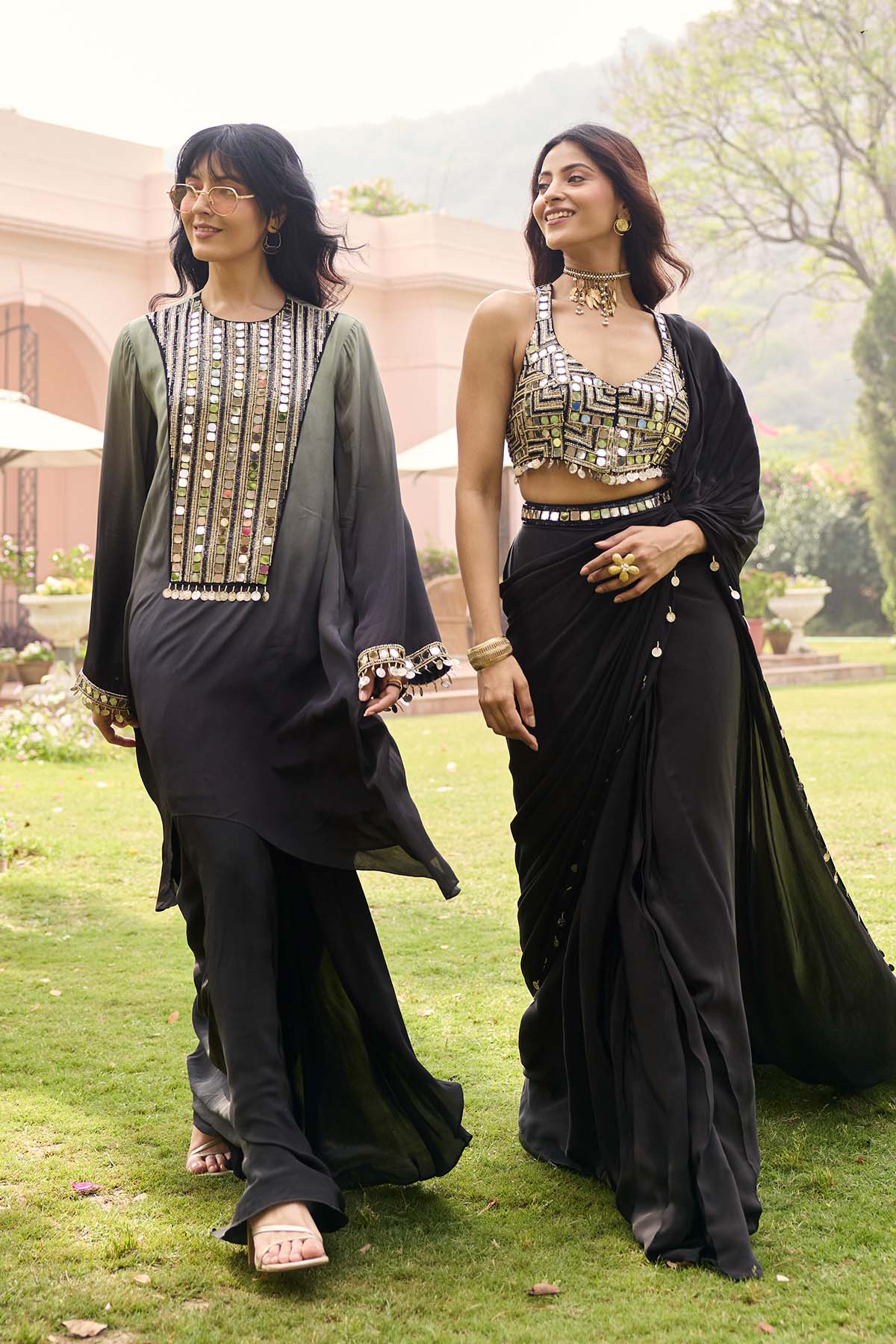 BLACK - GREY OMBRE EMBROIDERED KURTI SET