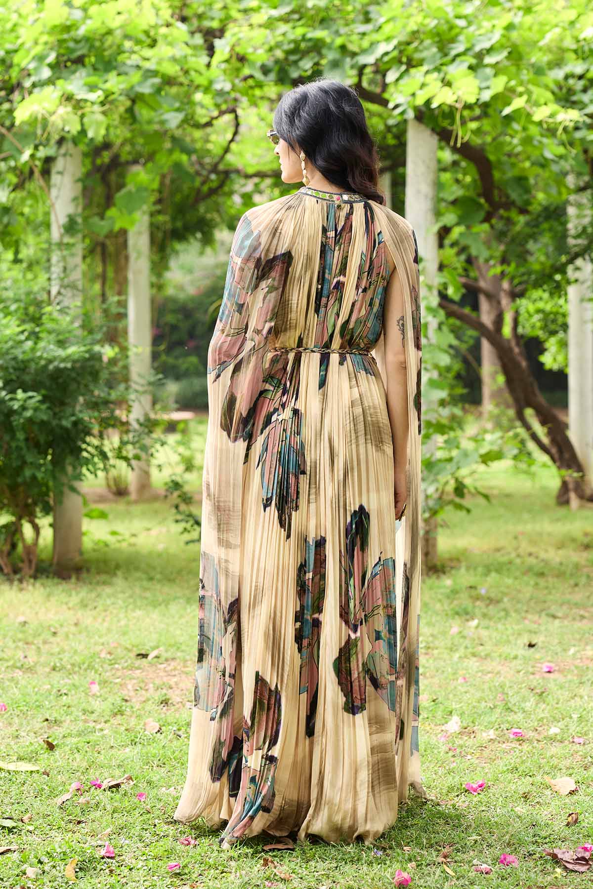 BEIGE FLORAL ROUCHED MAXI DRESS