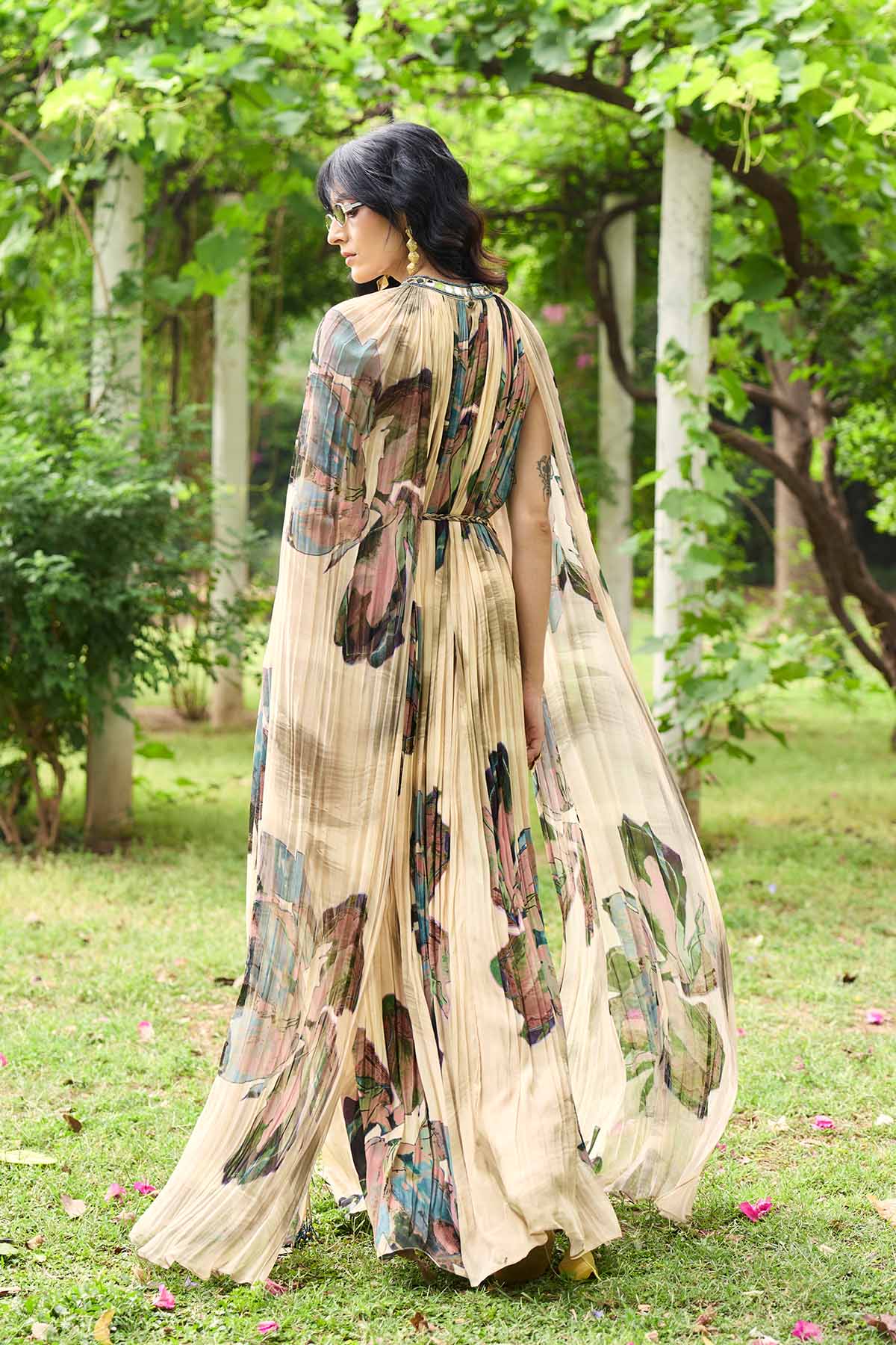 BEIGE FLORAL ROUCHED MAXI DRESS