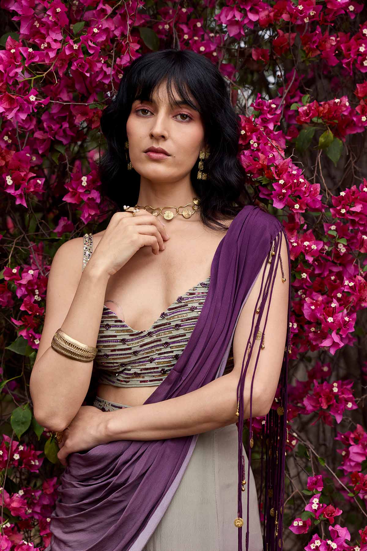 PURPLE-GREY OMBRE TASSELED DRAPE SAREE SET