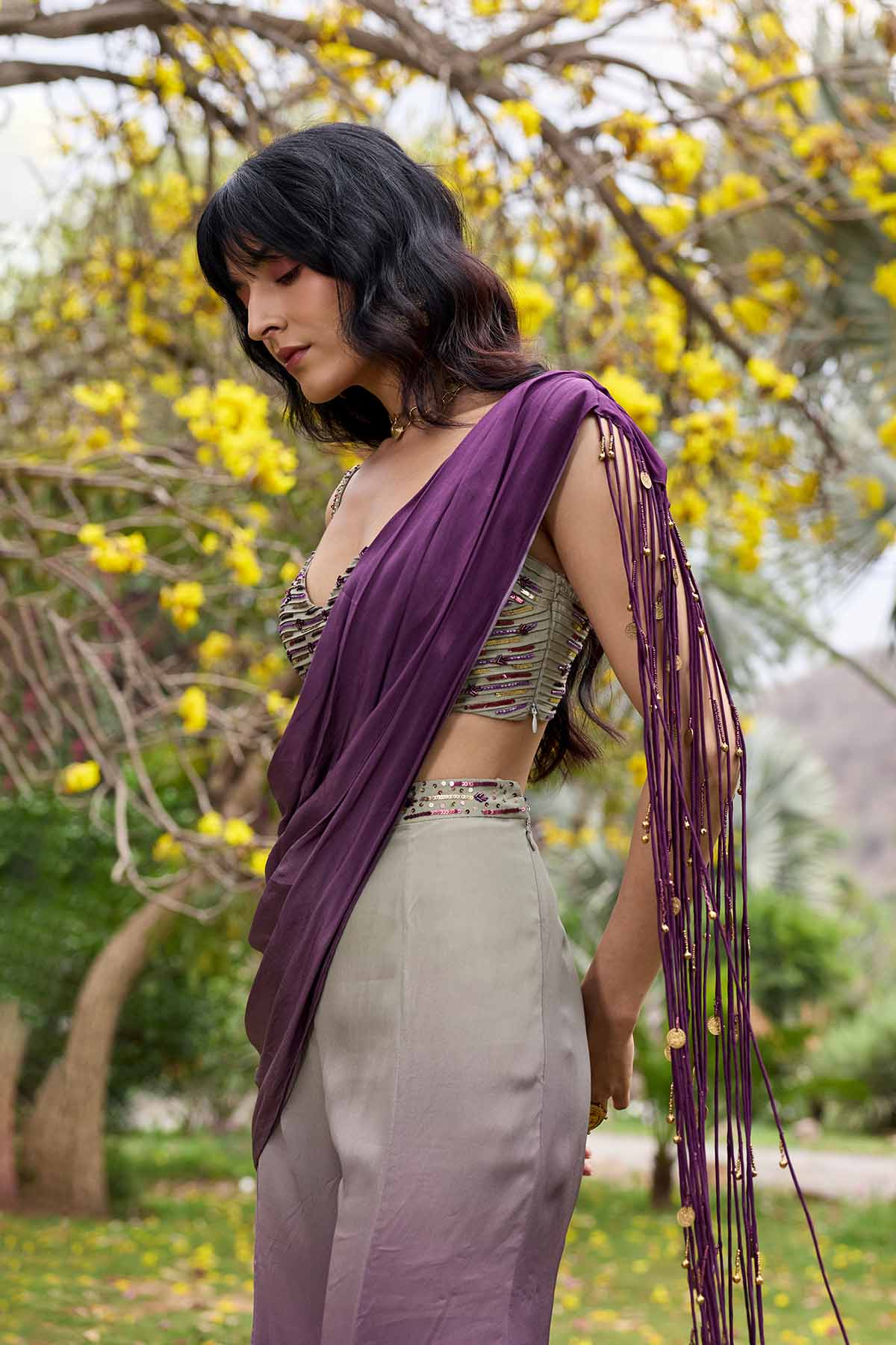 PURPLE-GREY OMBRE TASSELED DRAPE SAREE SET