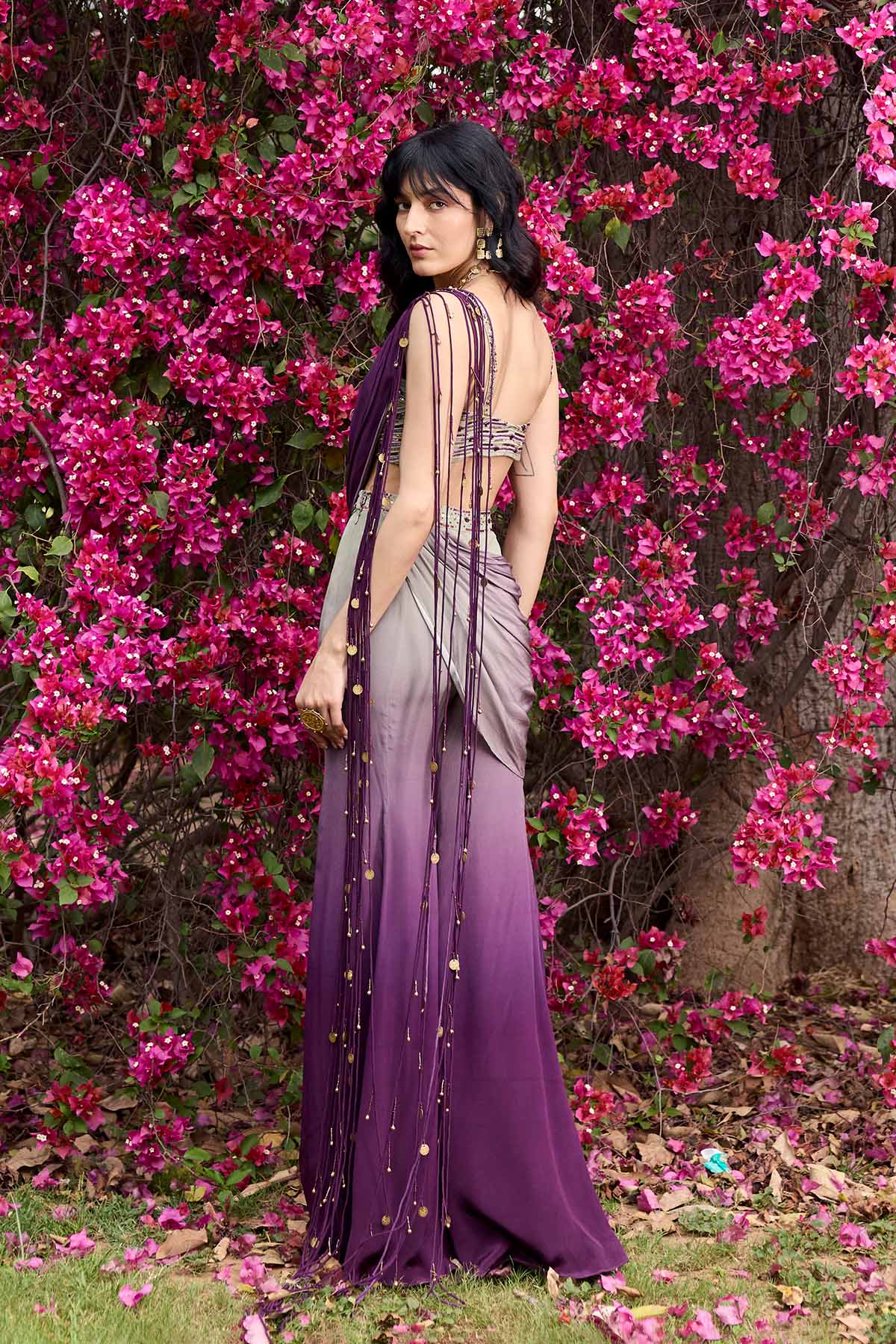 PURPLE-GREY OMBRE TASSELED DRAPE SAREE SET