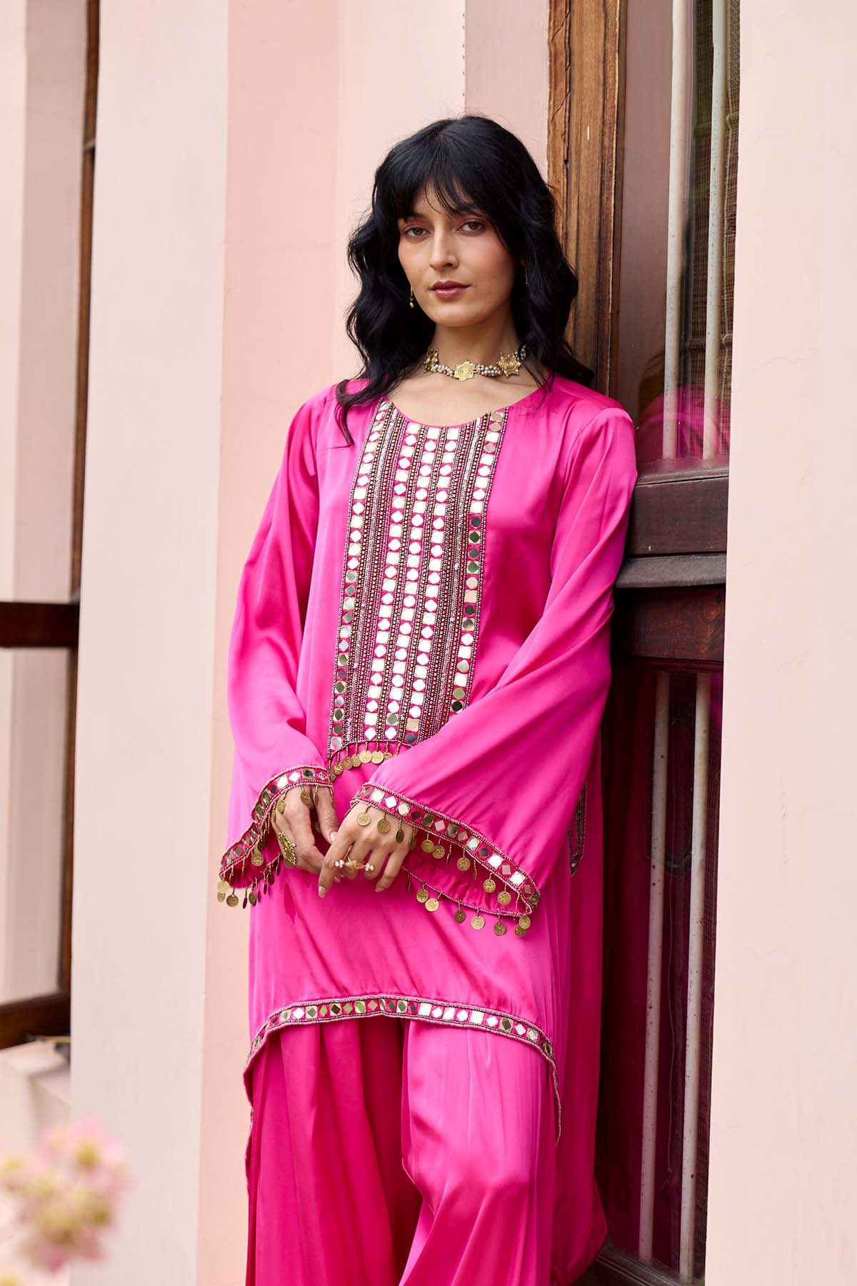 FUSCHIA PINK EMBROIDERED KURTI SET