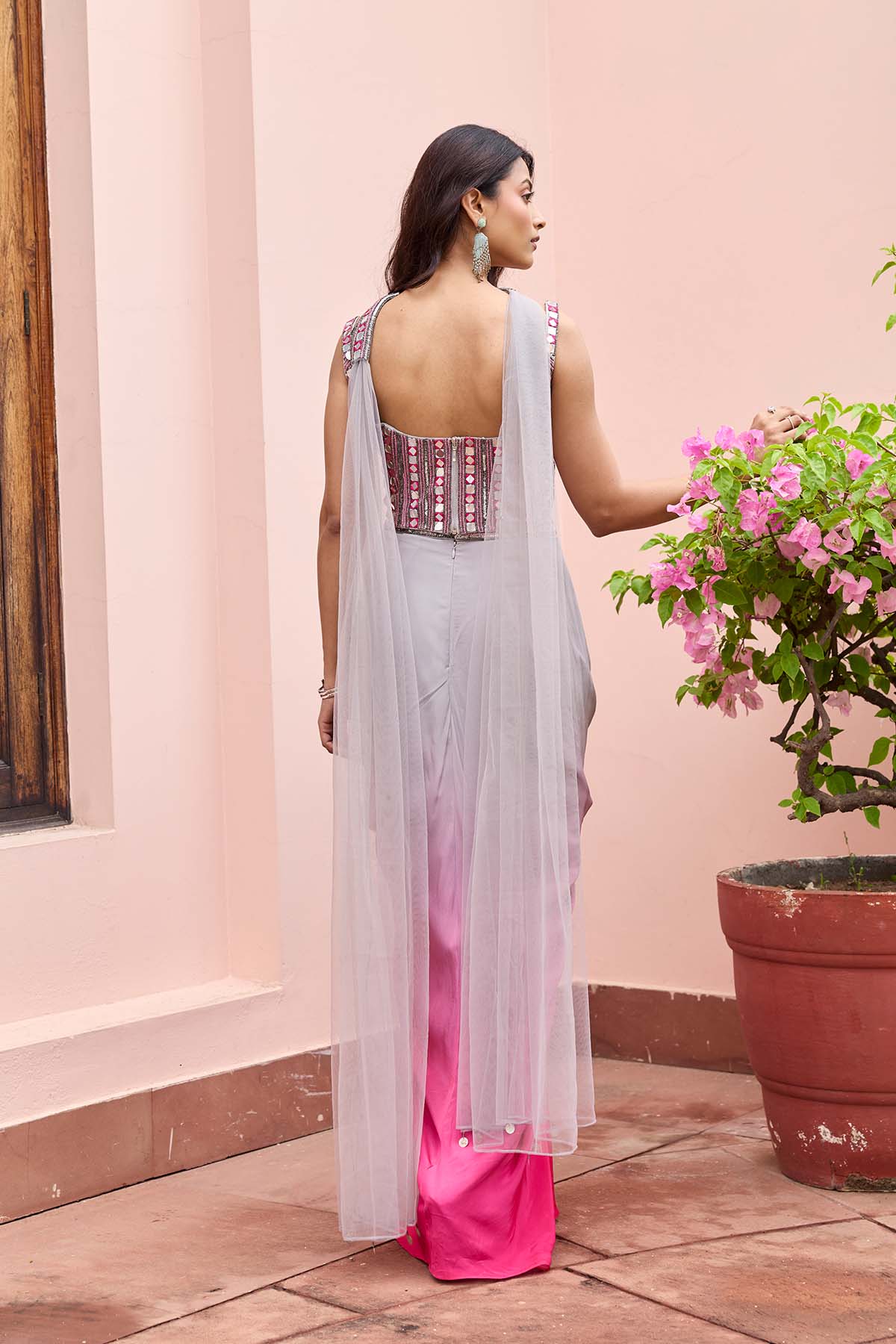 PINK-GREY OMBRE DHOTI SKIRT SET