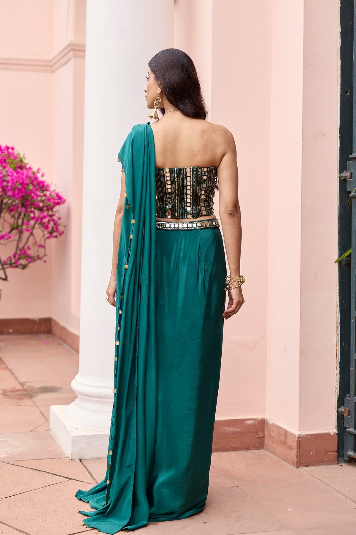 BOTTTLE GREEN EMBROIDERED CORSET SAREE SET