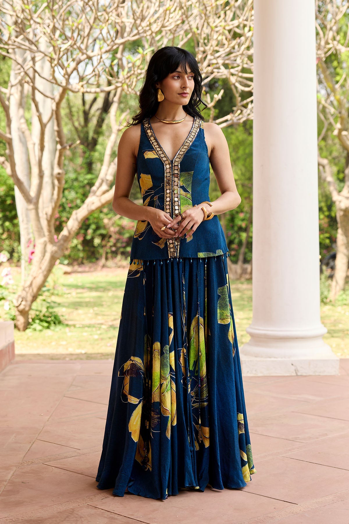 NAVYGOLD FLORAL PRINTED LEHENGA SET
