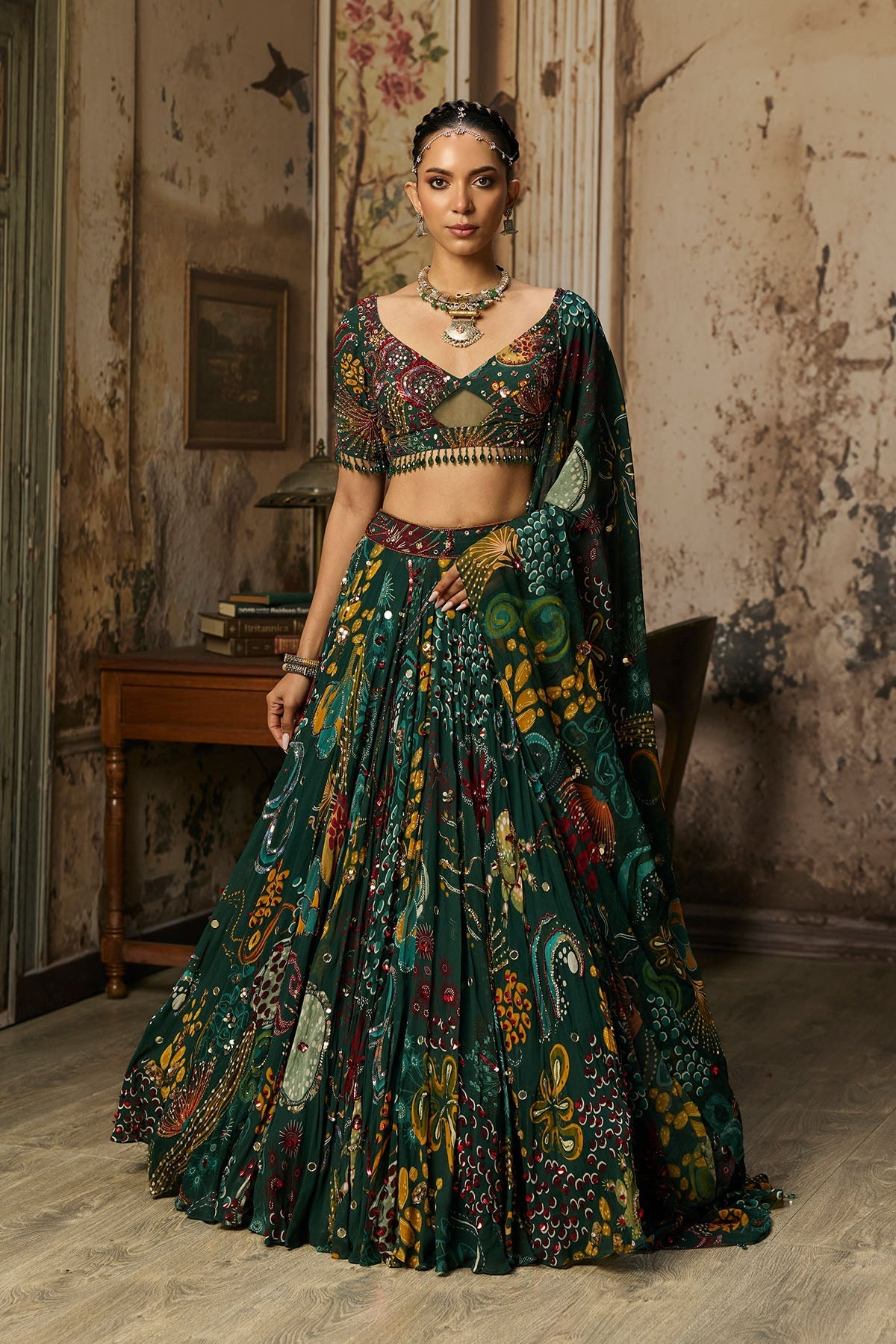 Dark Green Printed And Highlighted Lehenga Set - Ready To Ship