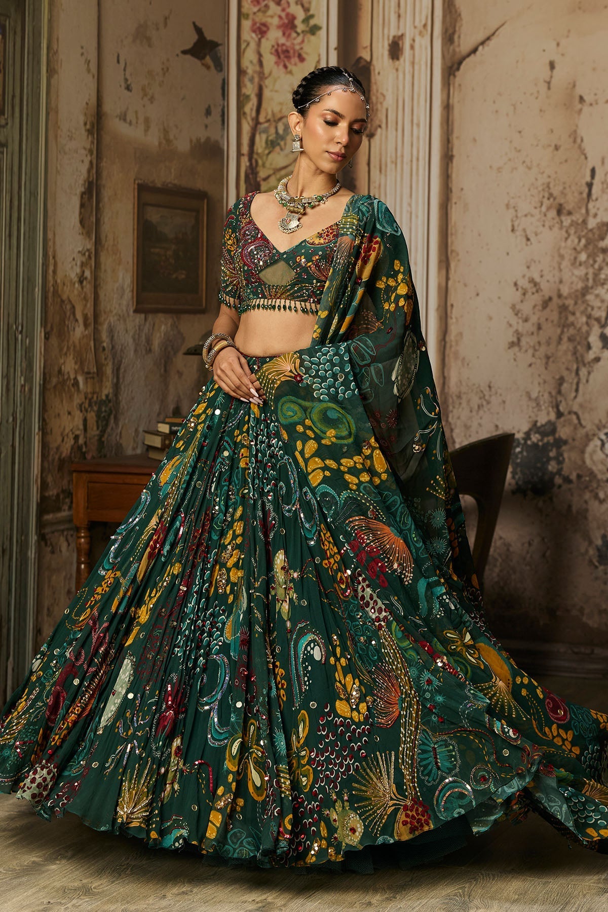 Dark Green Printed And Highlighted Lehenga Set - Ready To Ship