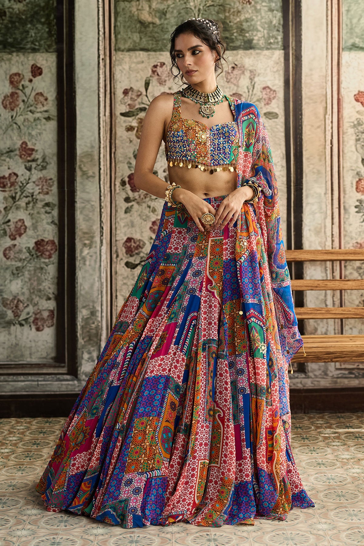 Multi-Color Print And Highlighted Racerback Blouse With Godet Skirt Set