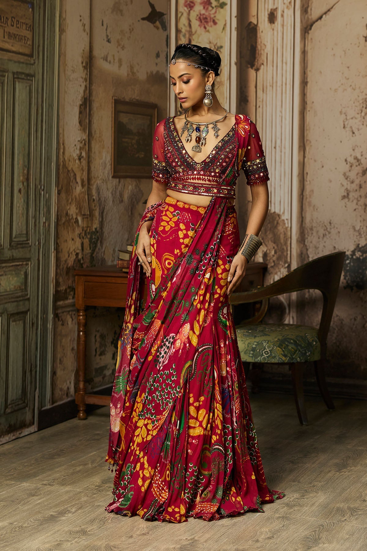 Deep Red Embroidered Blouse With Mermaid Skirt Saree Set - Ready To Ship