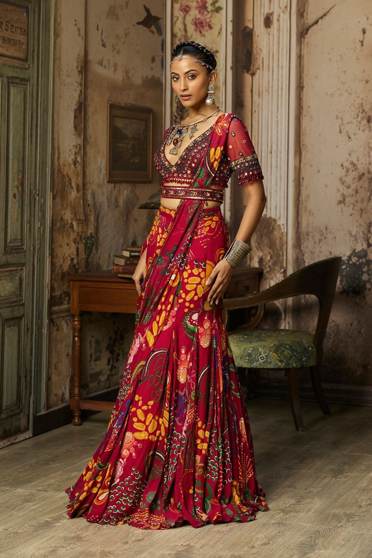Deep Red Embroidered Blouse With Mermaid Skirt Saree Set - Ready To Ship