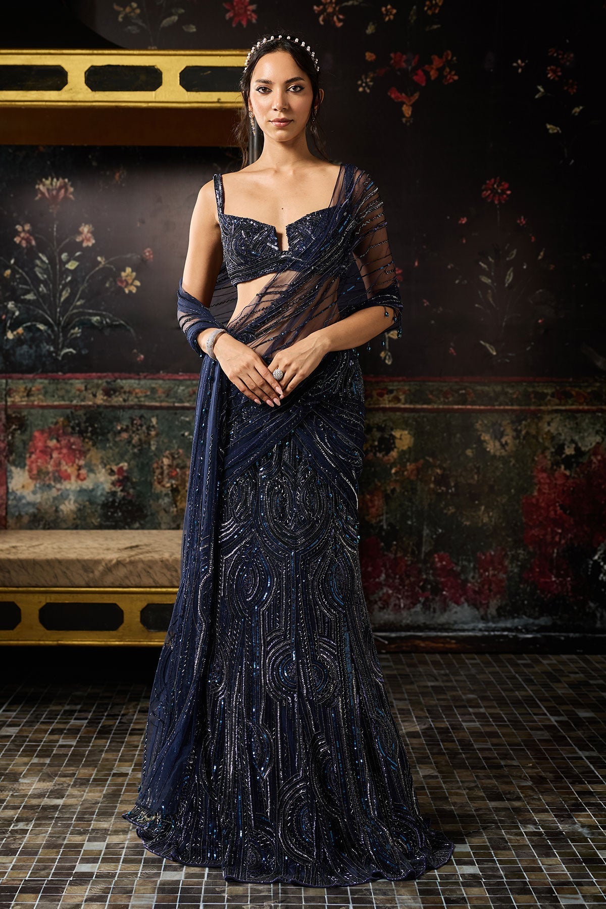 Midnight Blue Embellished Mermaid Skirt Saree Set - Ready To Ship