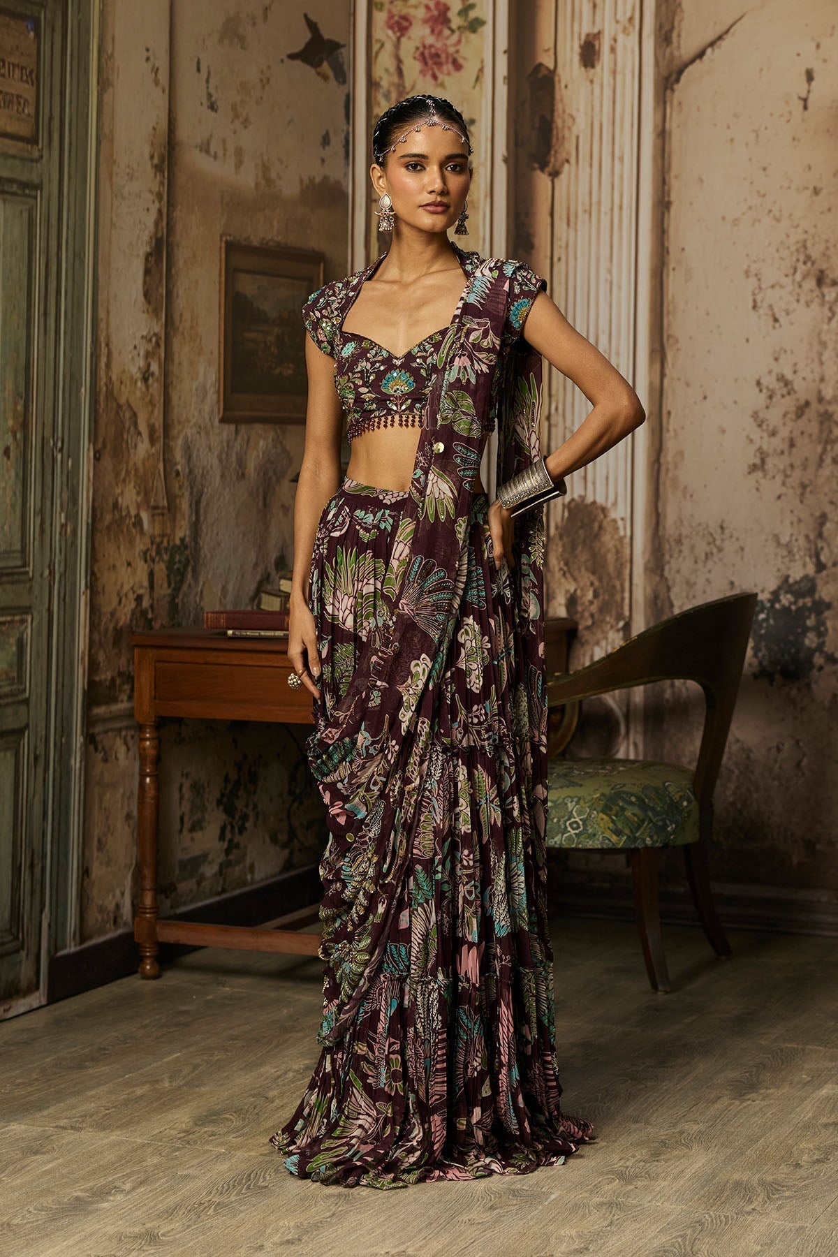 Plum Print And Highighted Tiered Skirt Saree Set - Ready To Ship