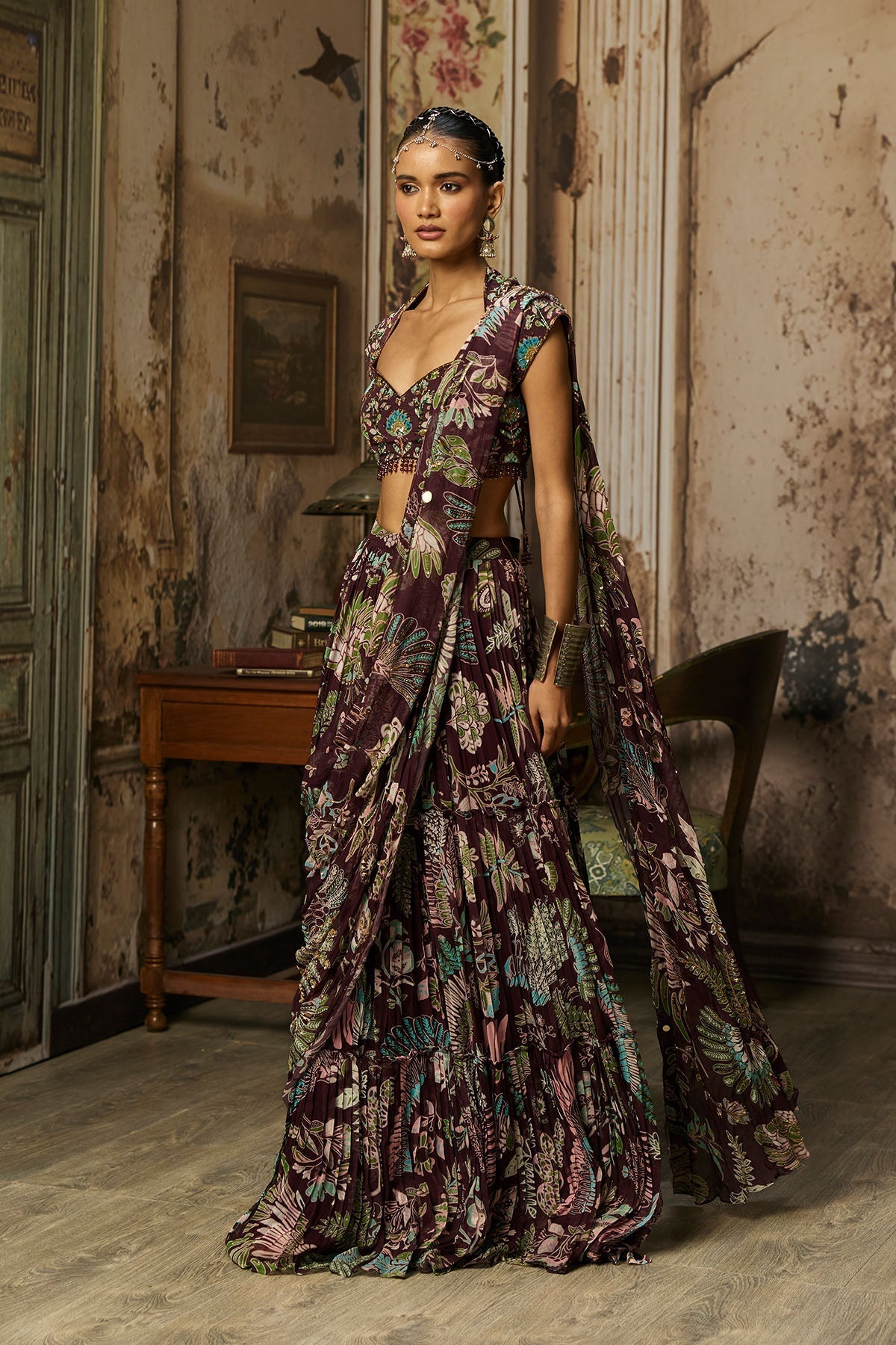 Plum Print And Highighted Tiered Skirt Saree Set - Ready To Ship