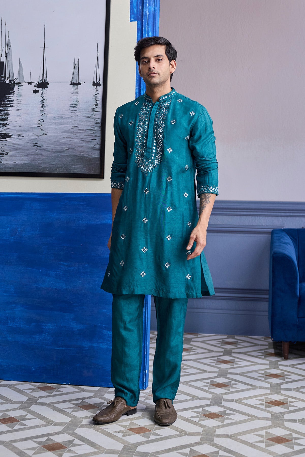 TEAL GREEN EMBROIDERED KURTA WITH SOLID PANTS