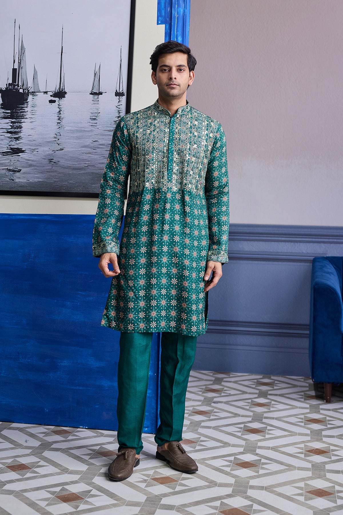 TEAL GREEN BUTTA HIGHLIGHTED KURTA WITH SOLID PANTS