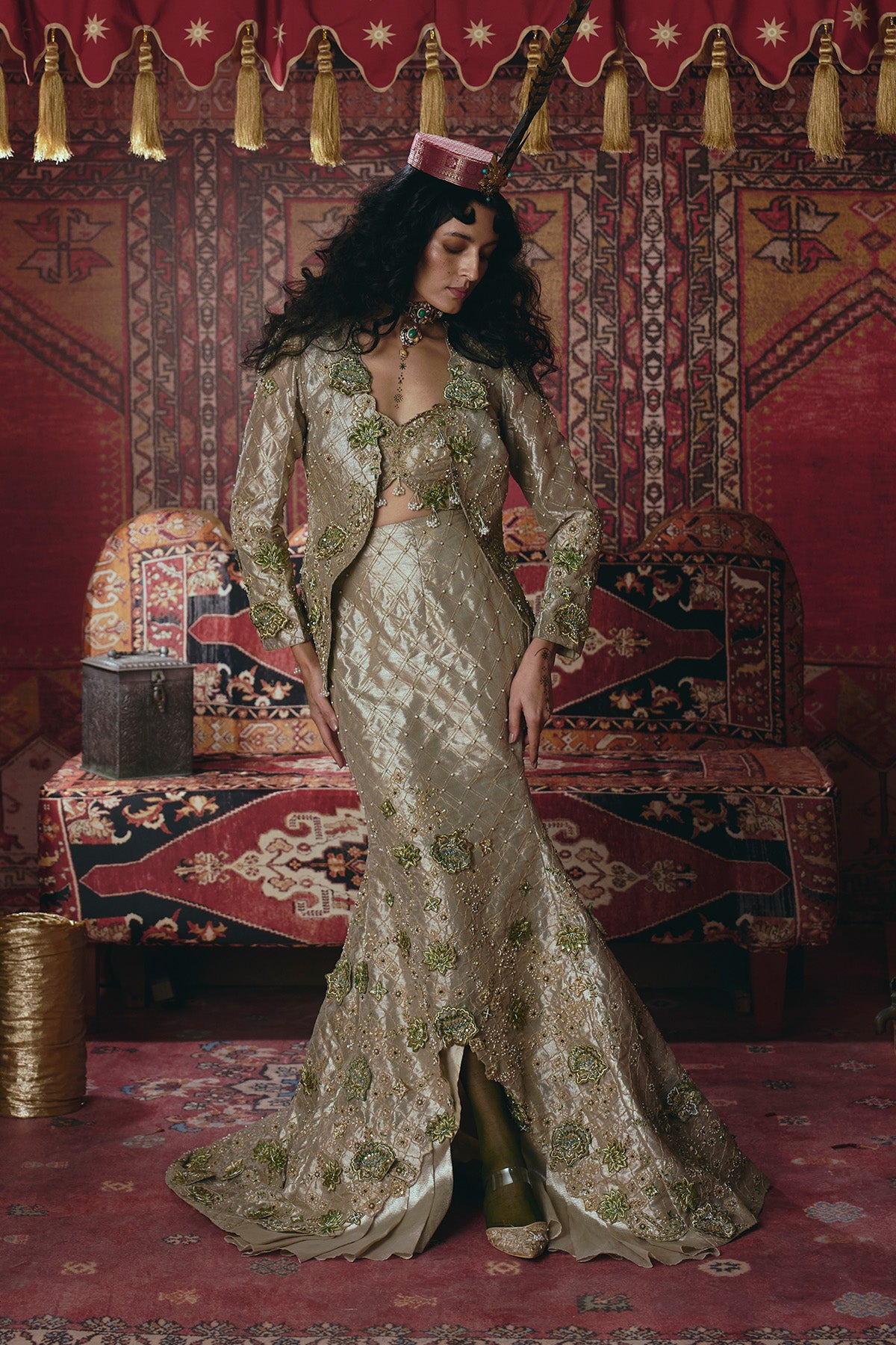 Pearl-Gold Skirt, Jacket, and Bustier Set