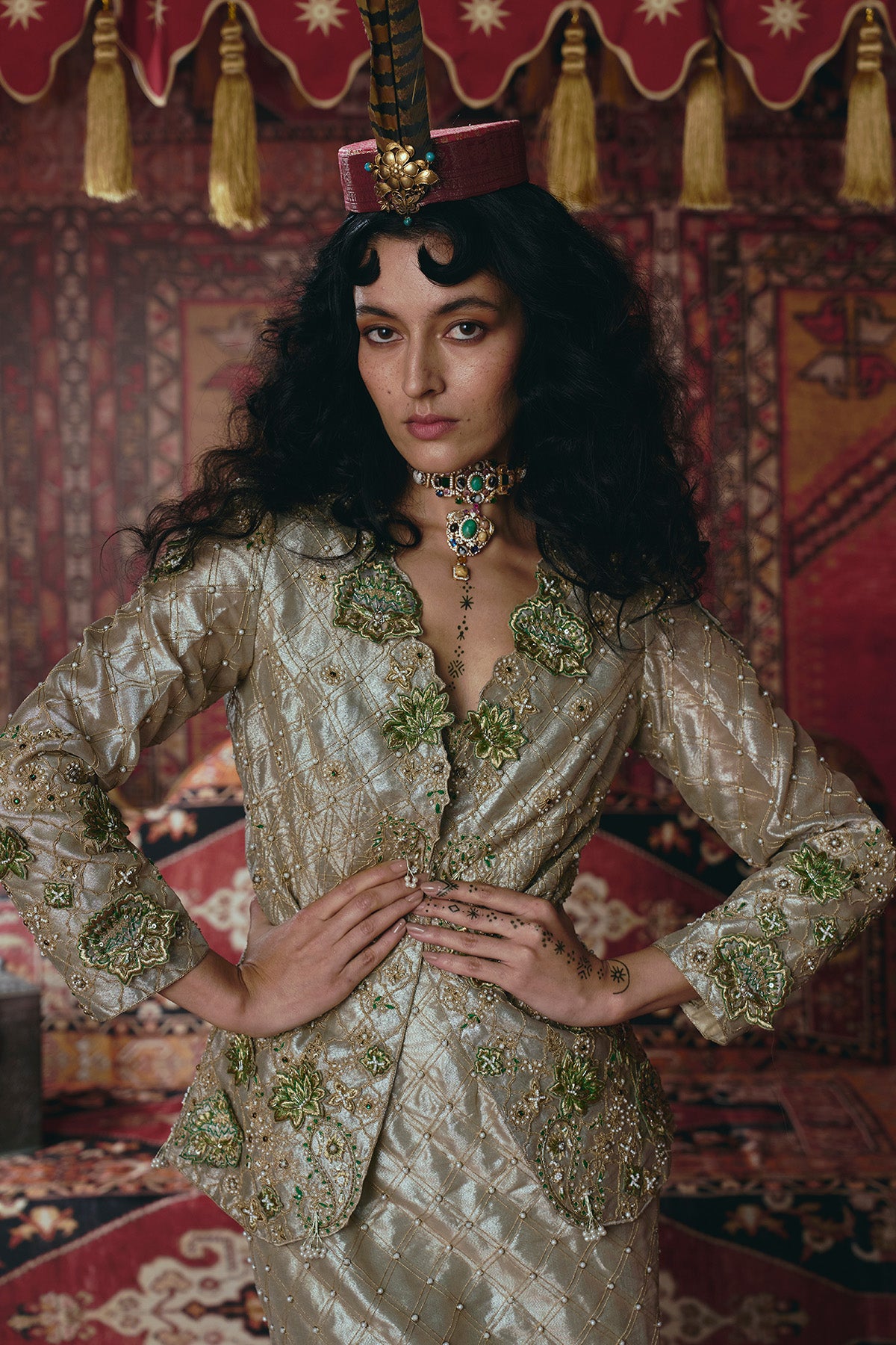 Pearl-Gold Skirt, Jacket, and Bustier Set