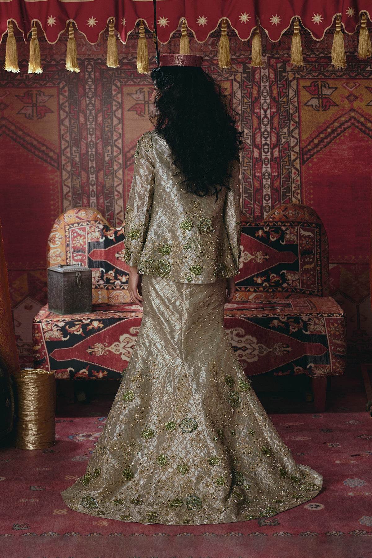 Pearl-Gold Skirt, Jacket, and Bustier Set