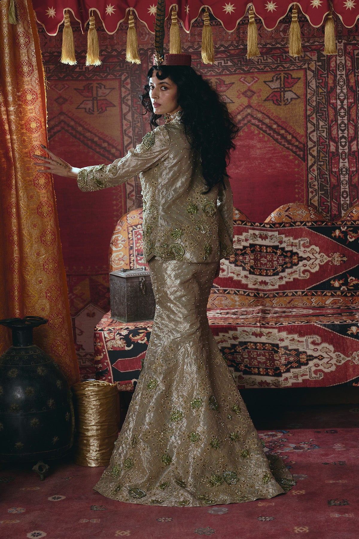 Pearl-Gold Skirt, Jacket, and Bustier Set