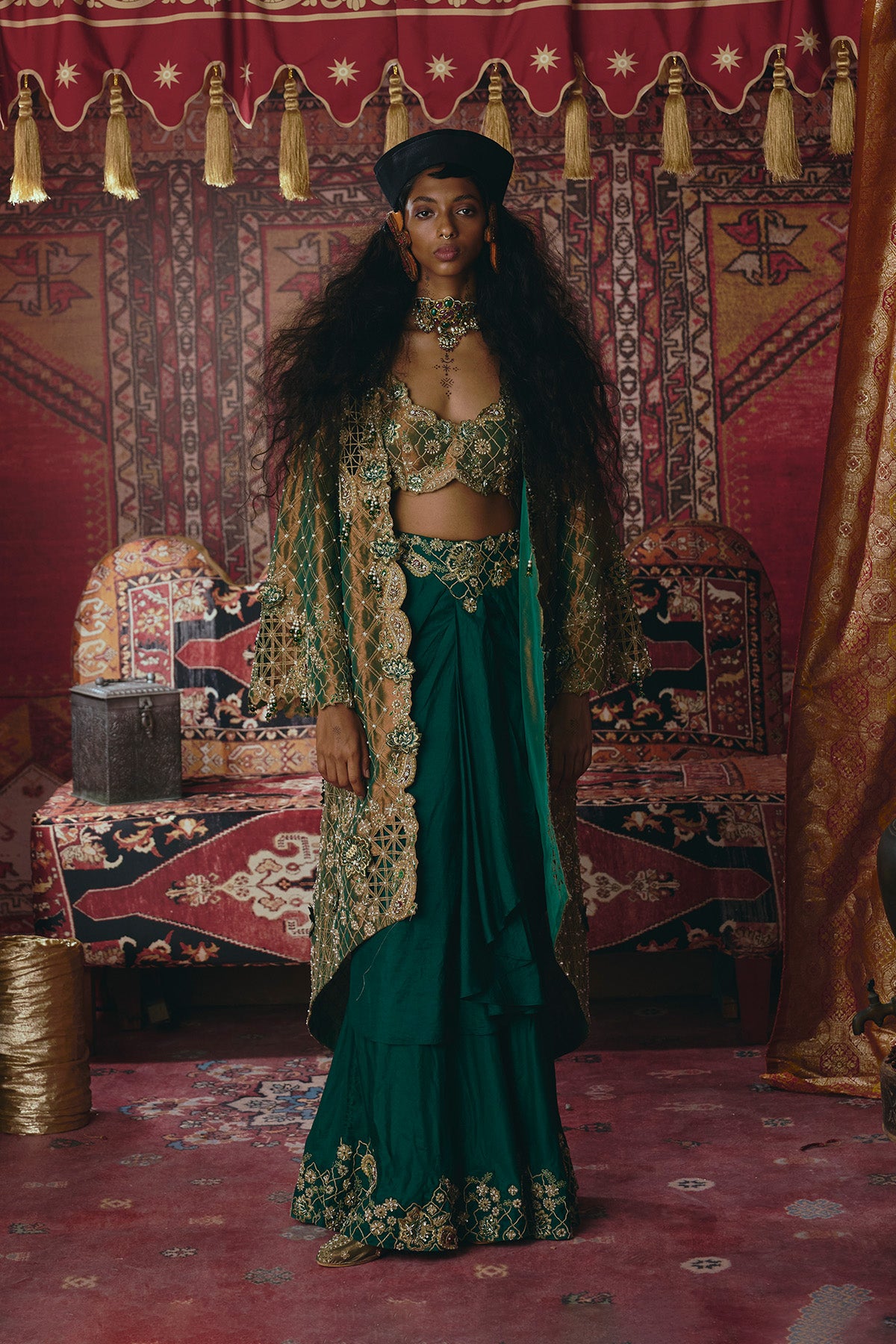 Emerald Green Draped Skirt,Long Jacket, and Bustier Set