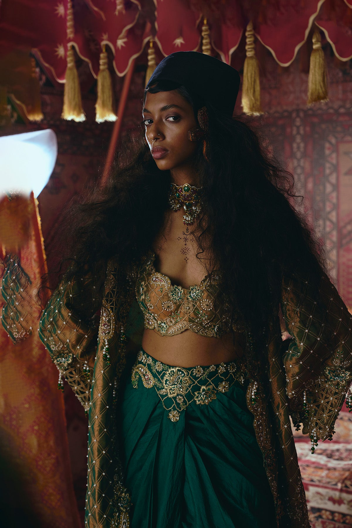 Emerald Green Draped Skirt,Long Jacket, and Bustier Set