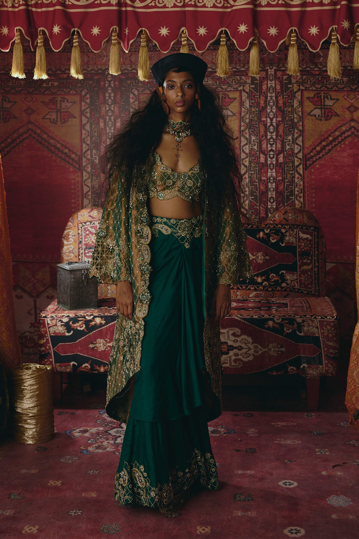 Emerald Green Draped Skirt,Long Jacket, and Bustier Set