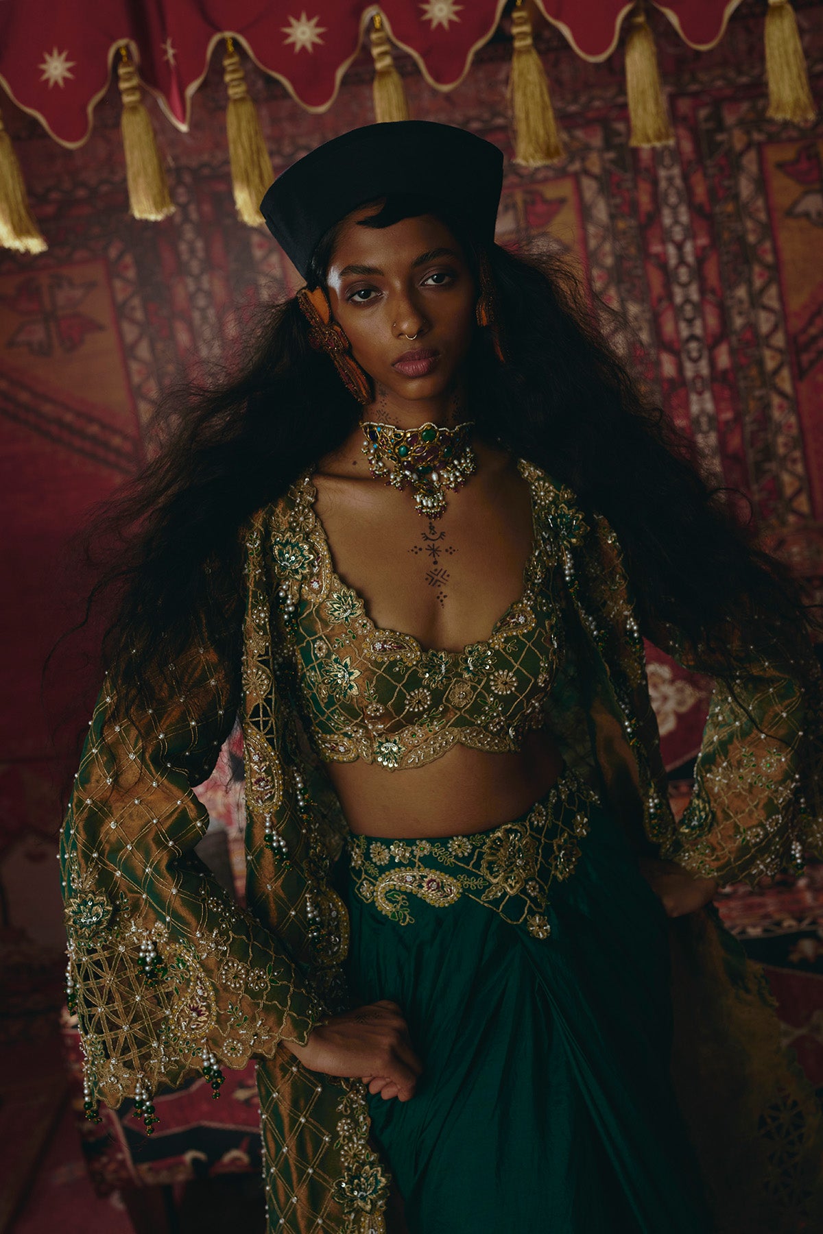 Emerald Green Draped Skirt,Long Jacket, and Bustier Set