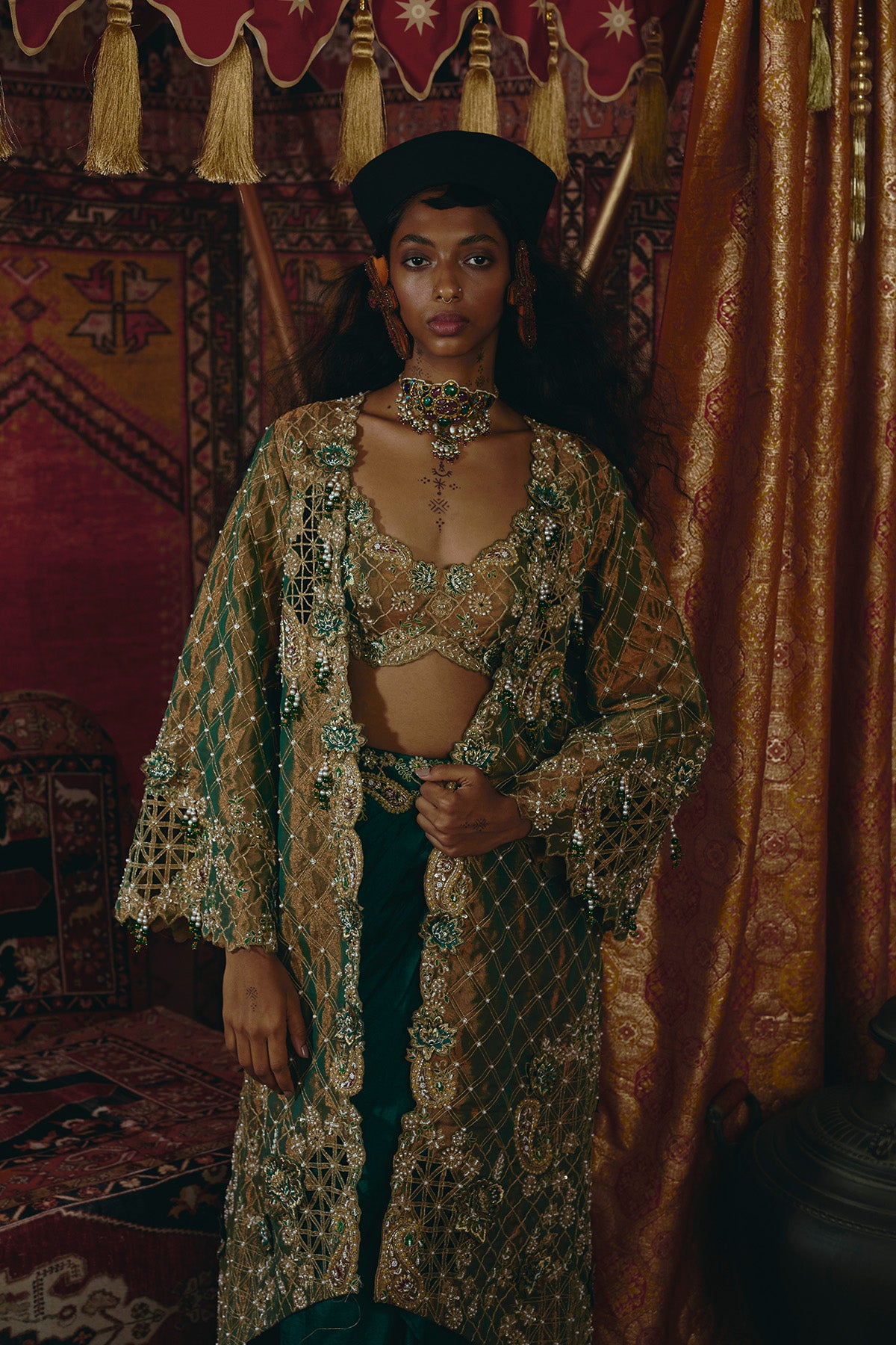 Emerald Green Draped Skirt,Long Jacket, and Bustier Set