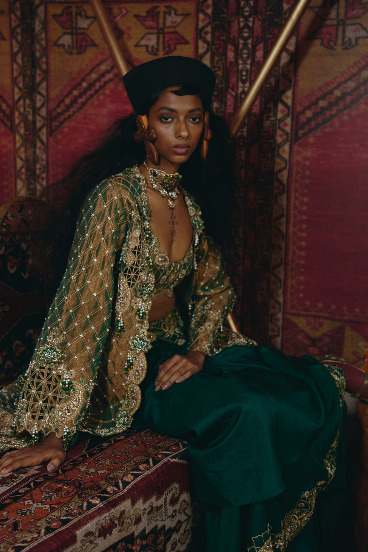 Emerald Green Draped Skirt,Long Jacket, and Bustier Set