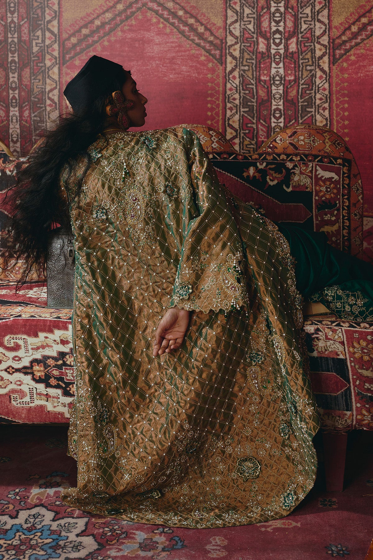 Emerald Green Draped Skirt,Long Jacket, and Bustier Set