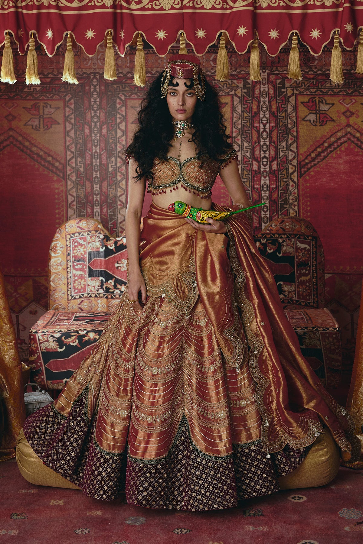 Rust Orange Pure Tissue and Maroon Velvet Lehenga Set