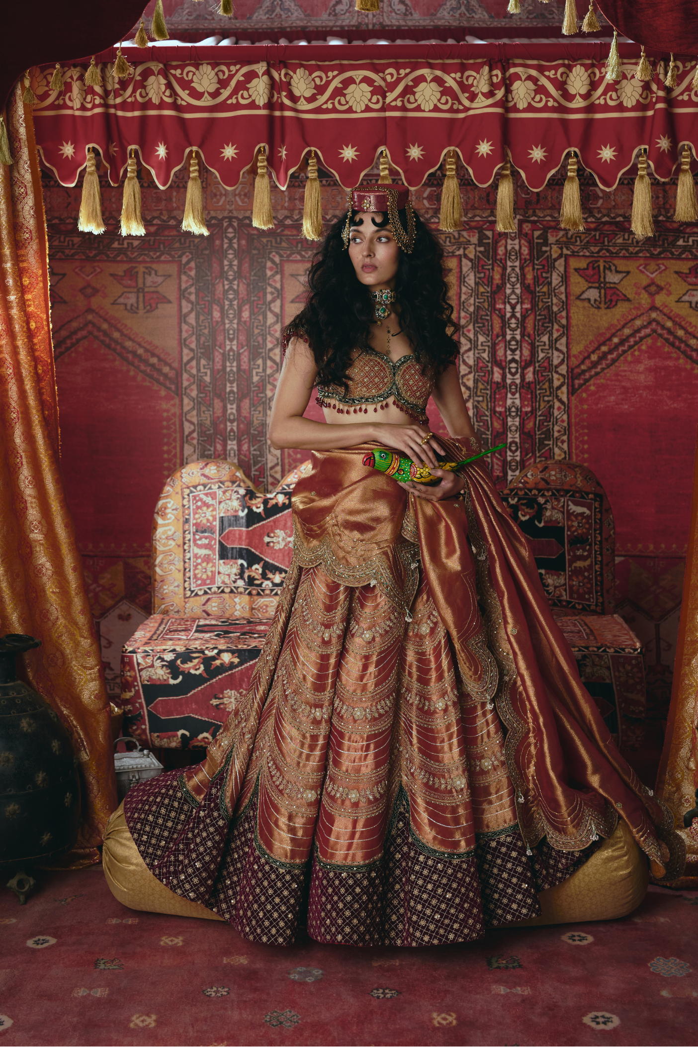 Rust Orange Pure Tissue and Maroon Velvet Lehenga Set - Ready To Ship