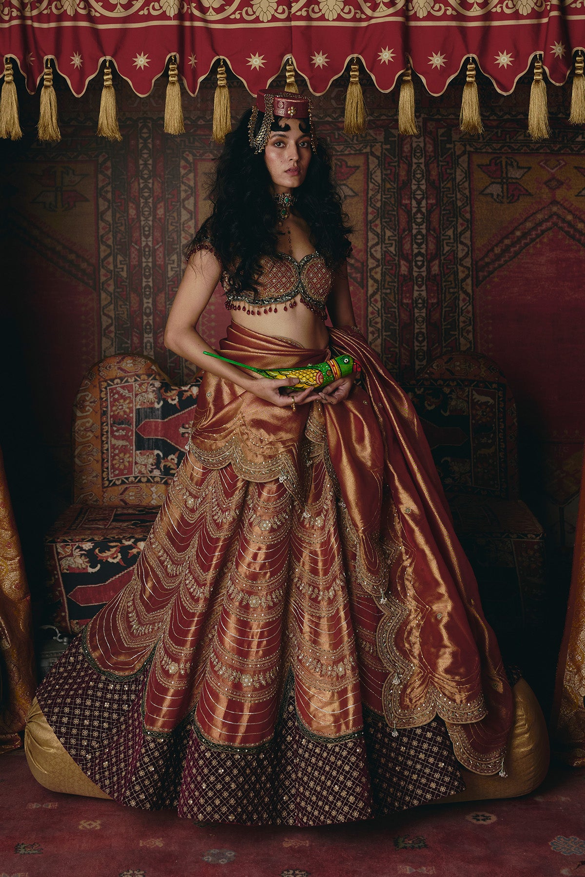 Rust Orange Pure Tissue and Maroon Velvet Lehenga Set