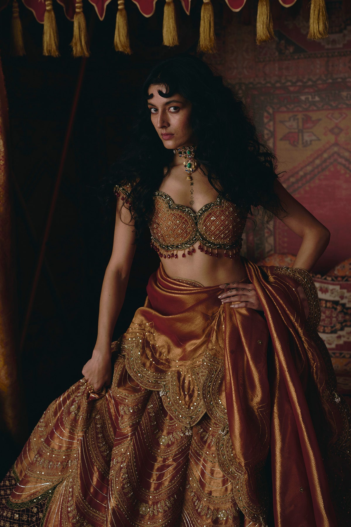 Rust Orange Pure Tissue and Maroon Velvet Lehenga Set