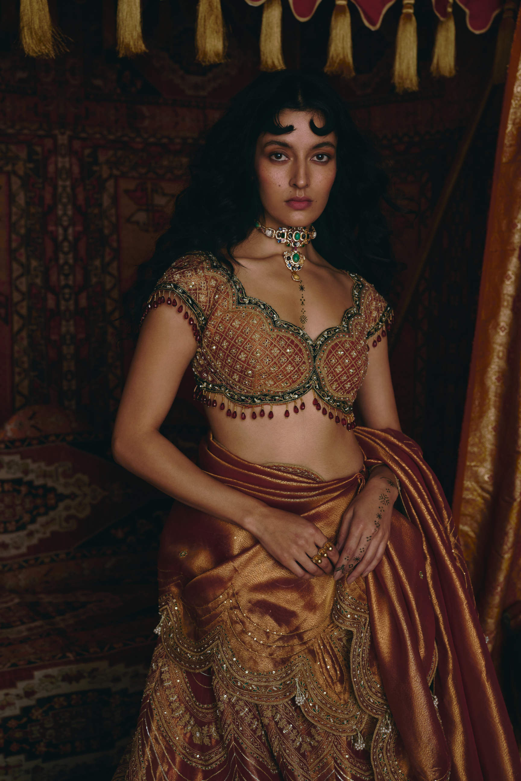 Rust Orange Pure Tissue and Maroon Velvet Lehenga Set - Ready To Ship