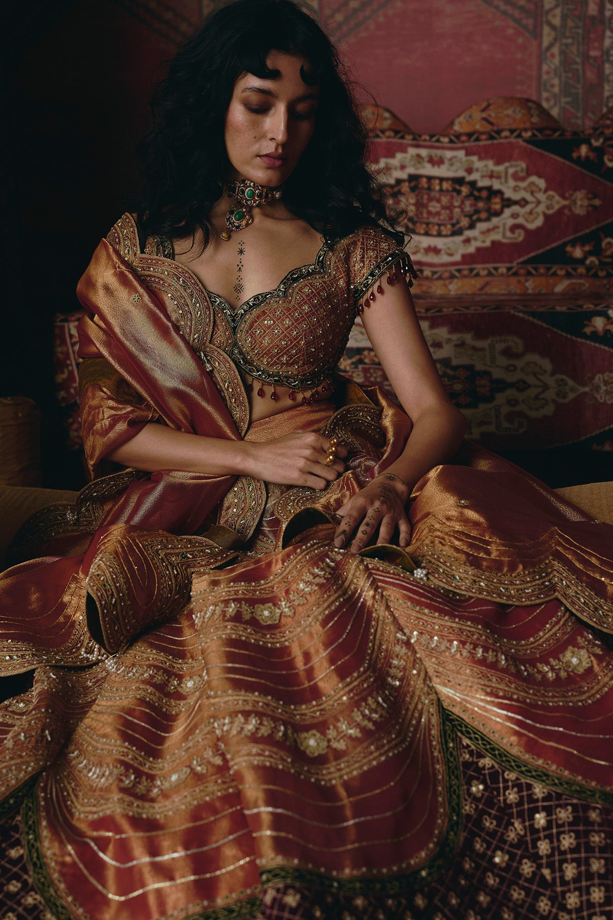 Rust Orange Pure Tissue and Maroon Velvet Lehenga Set