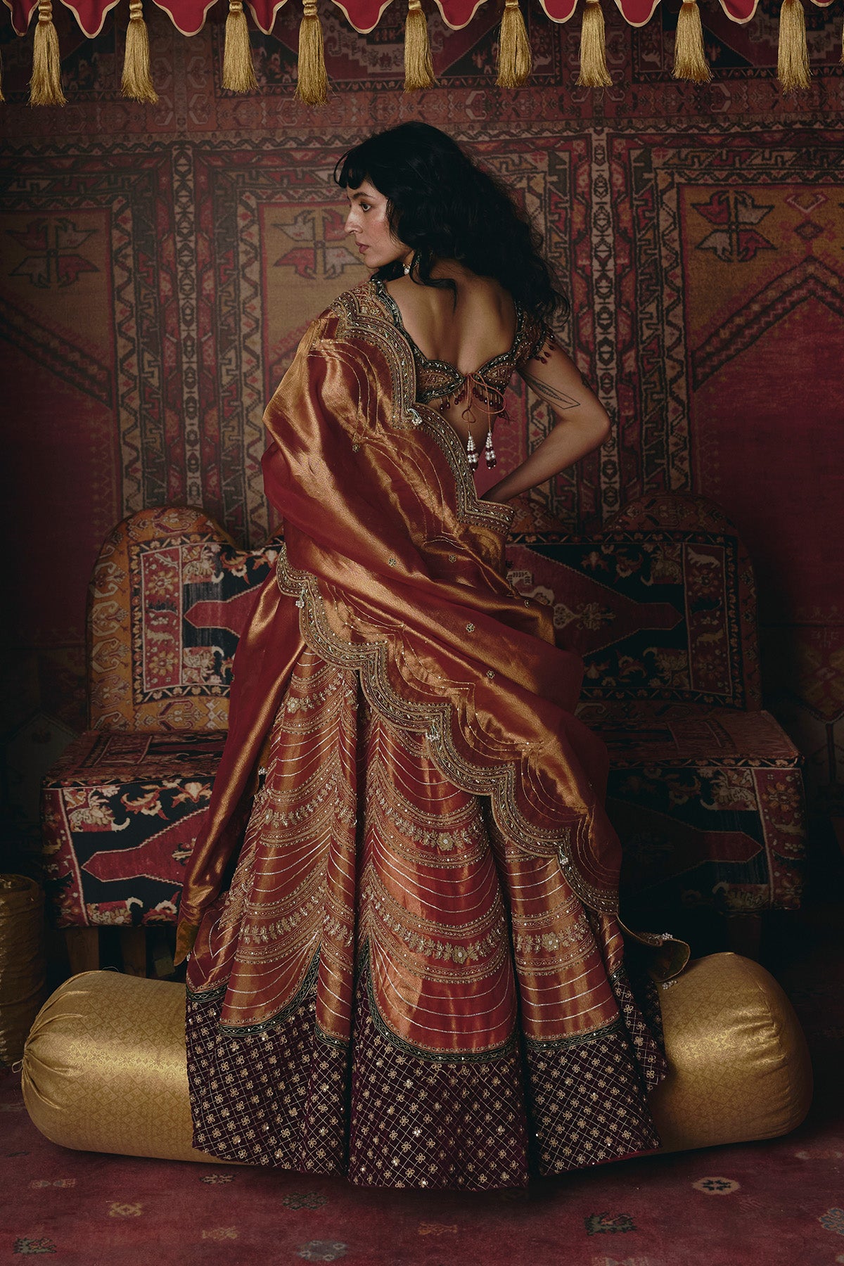 Rust Orange Pure Tissue and Maroon Velvet Lehenga Set