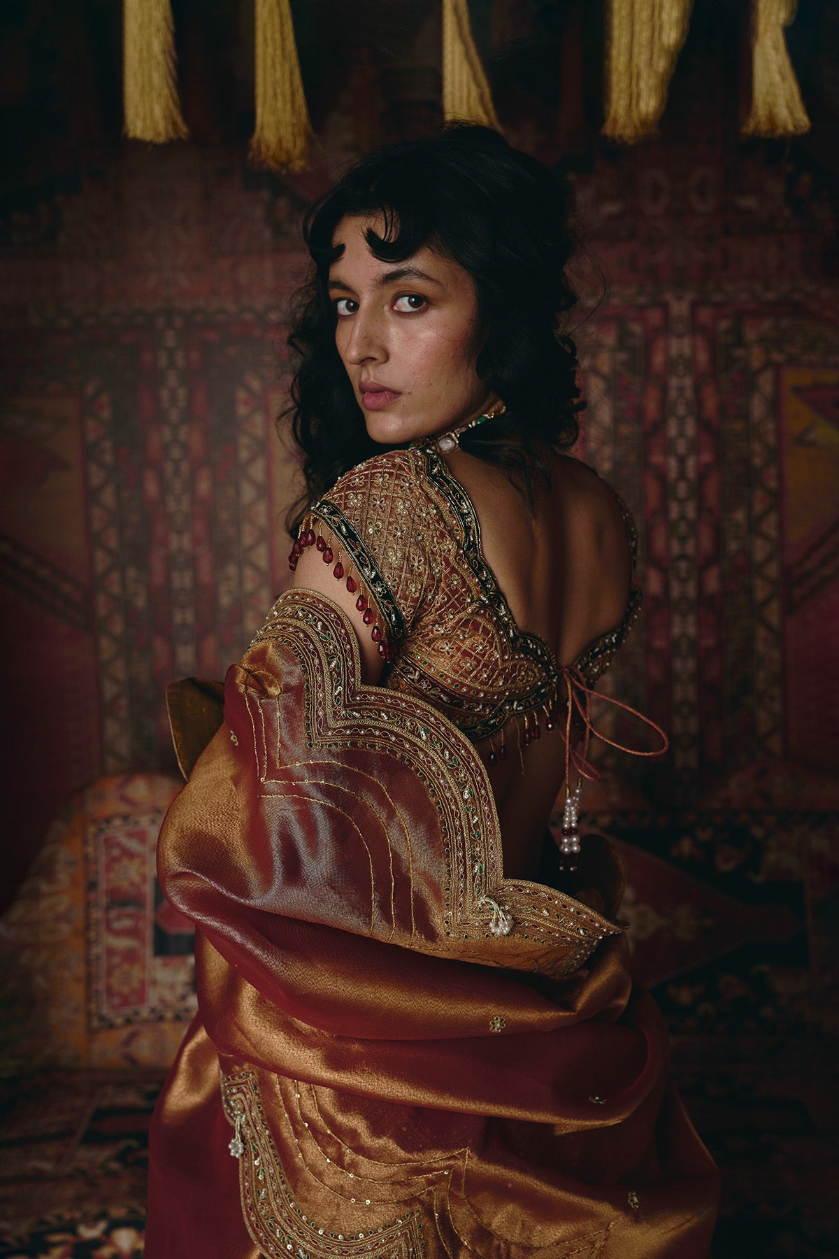 Rust Orange Pure Tissue and Maroon Velvet Lehenga Set