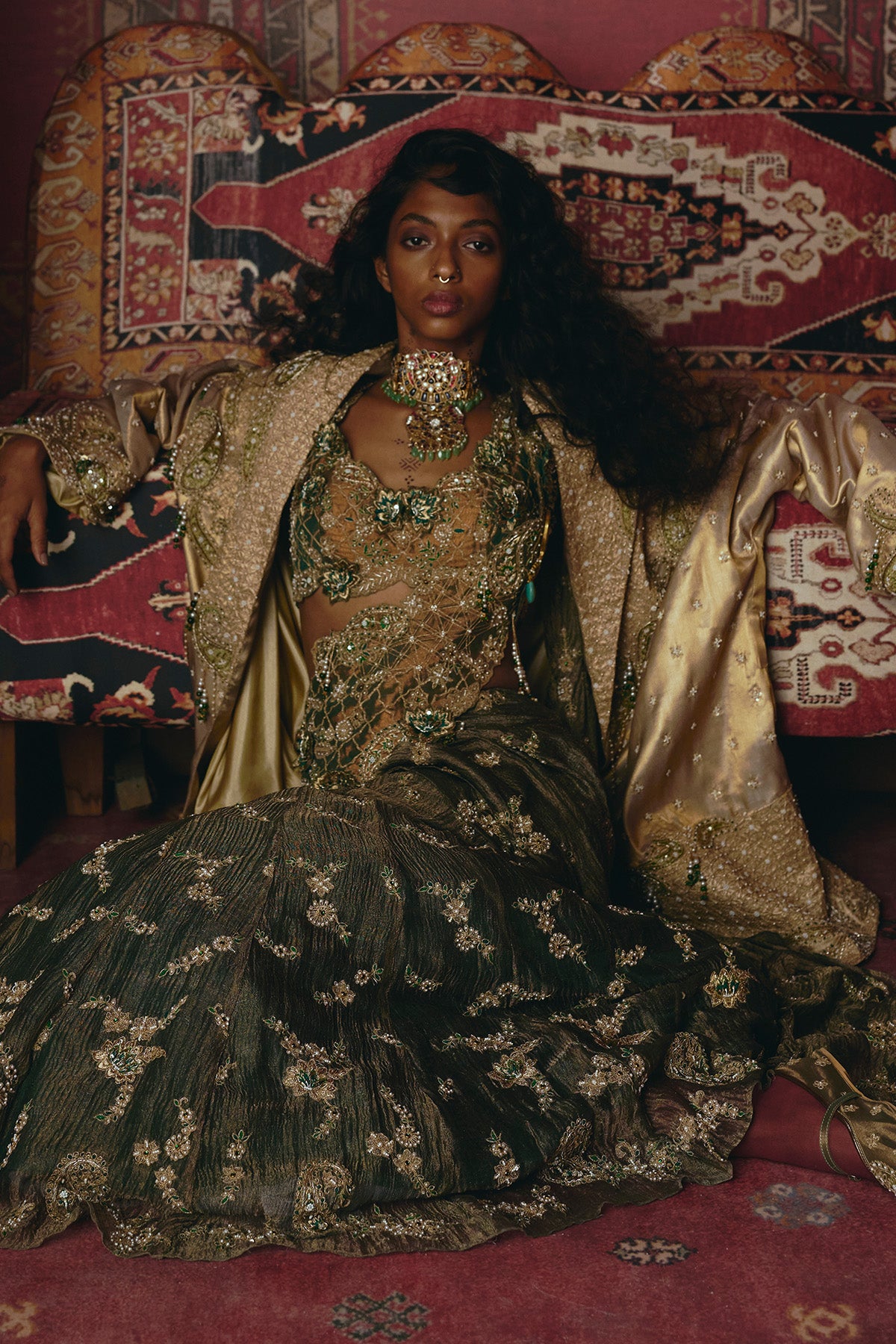 Emerald Green Drape Saree and Blouse Set