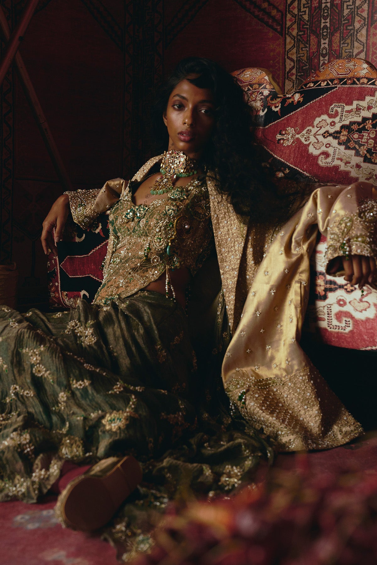 Emerald Green Drape Saree and Blouse Set