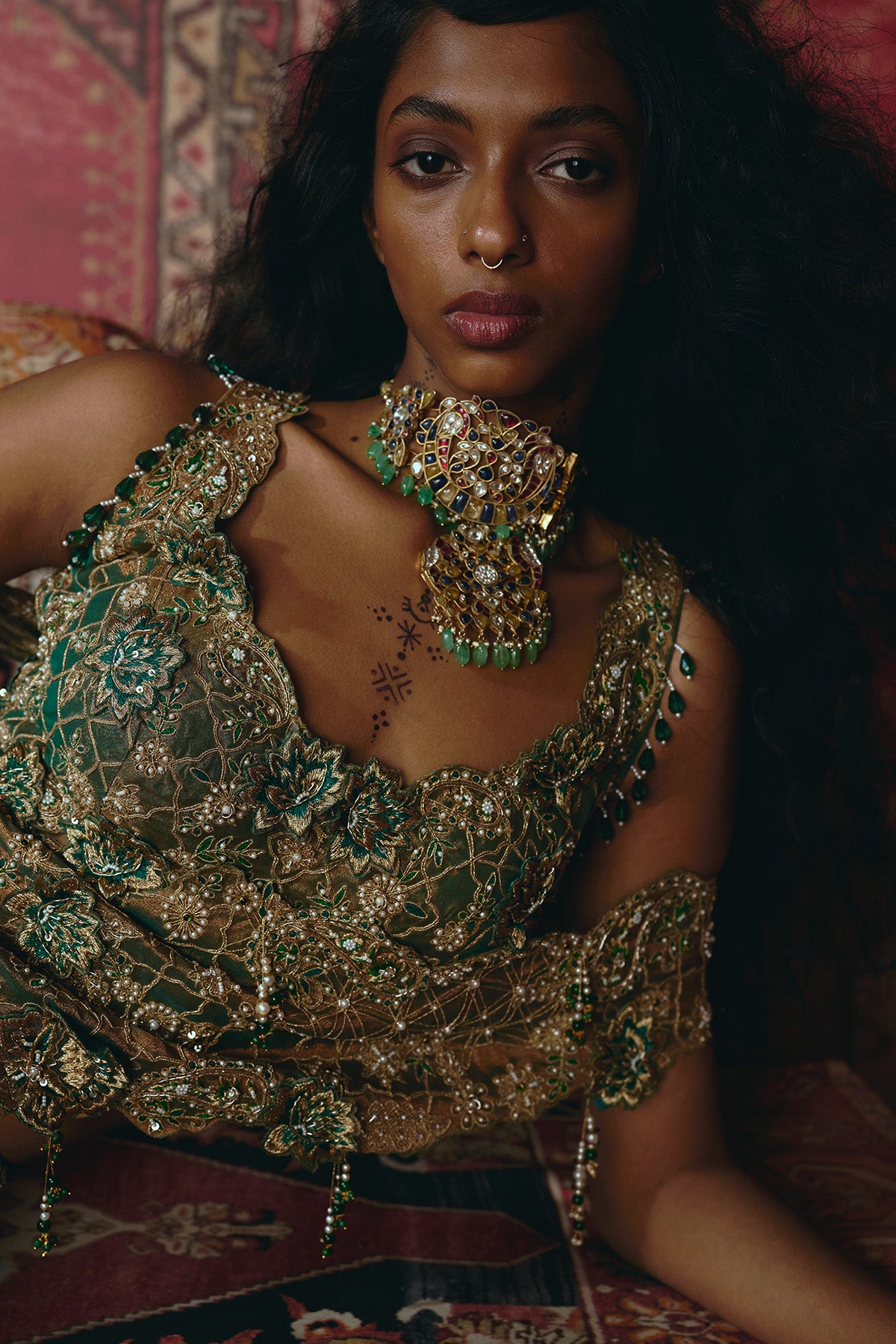 Emerald Green Drape Saree and Blouse Set