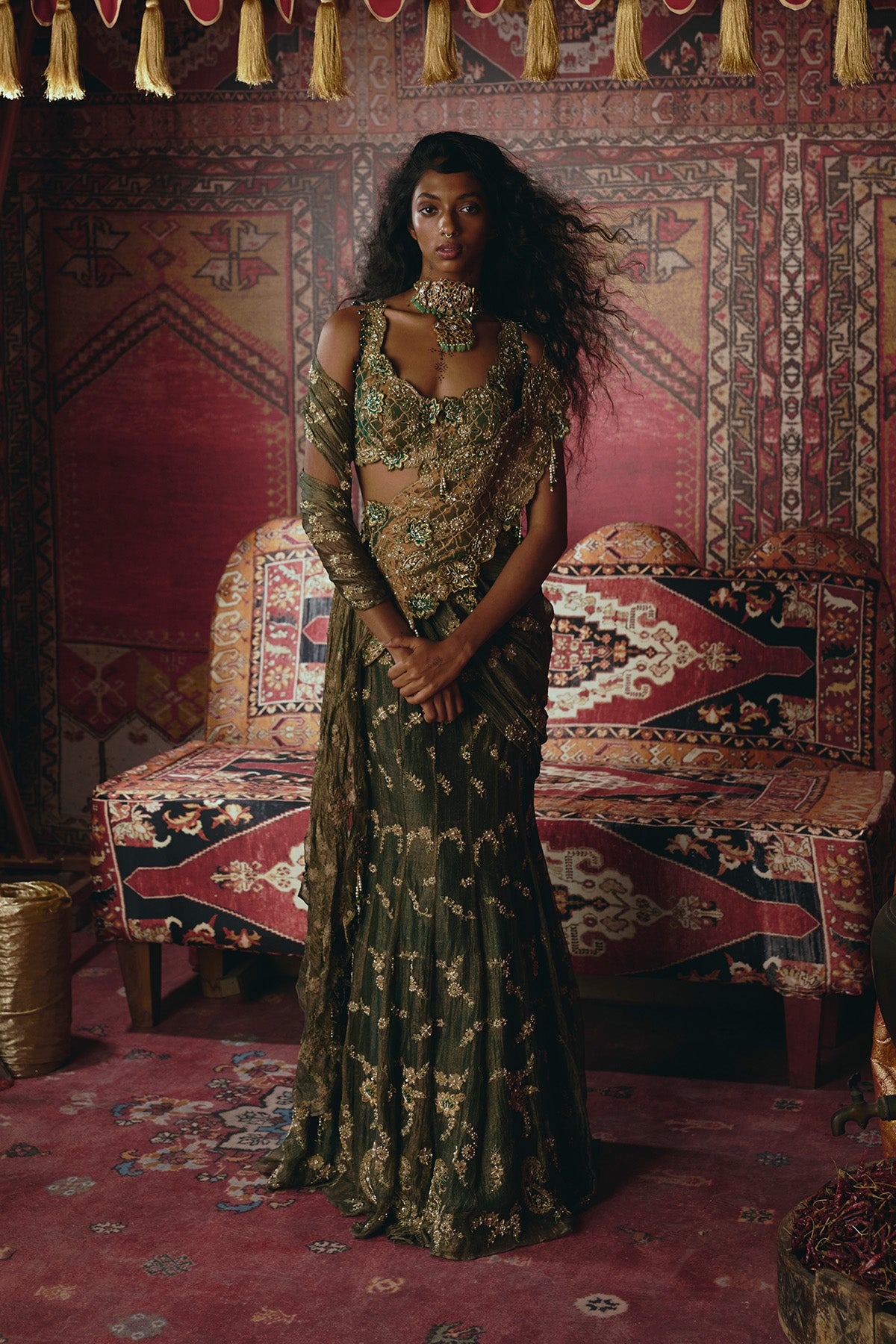 Emerald Green Drape Saree and Blouse Set