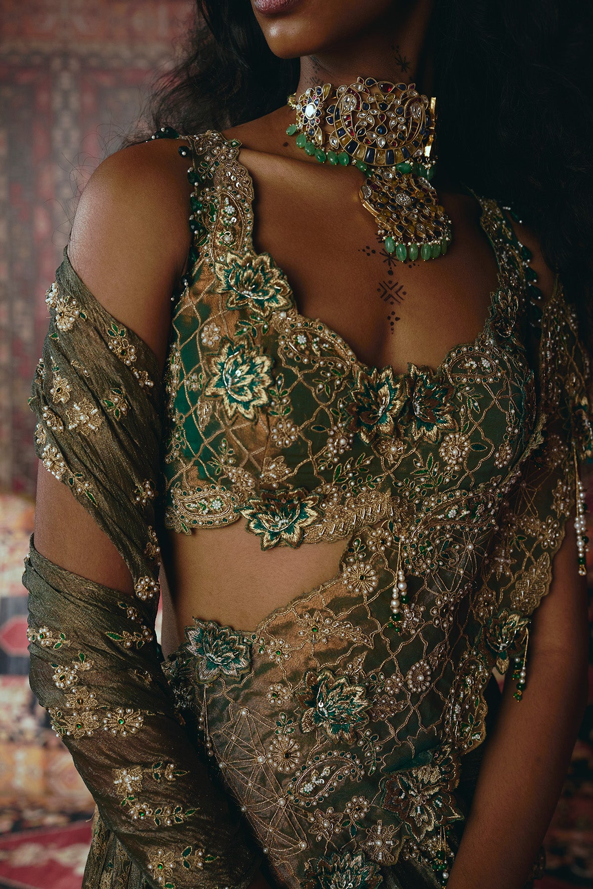 Emerald Green Drape Saree and Blouse Set