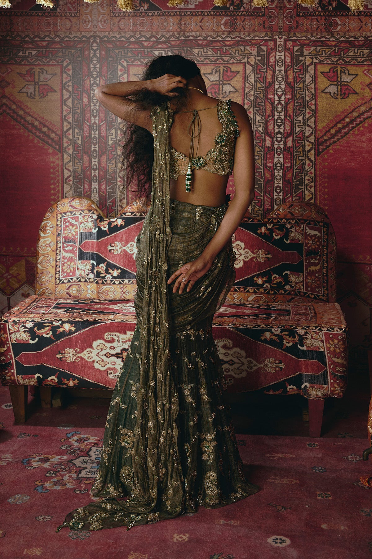 Emerald Green Drape Saree and Blouse Set