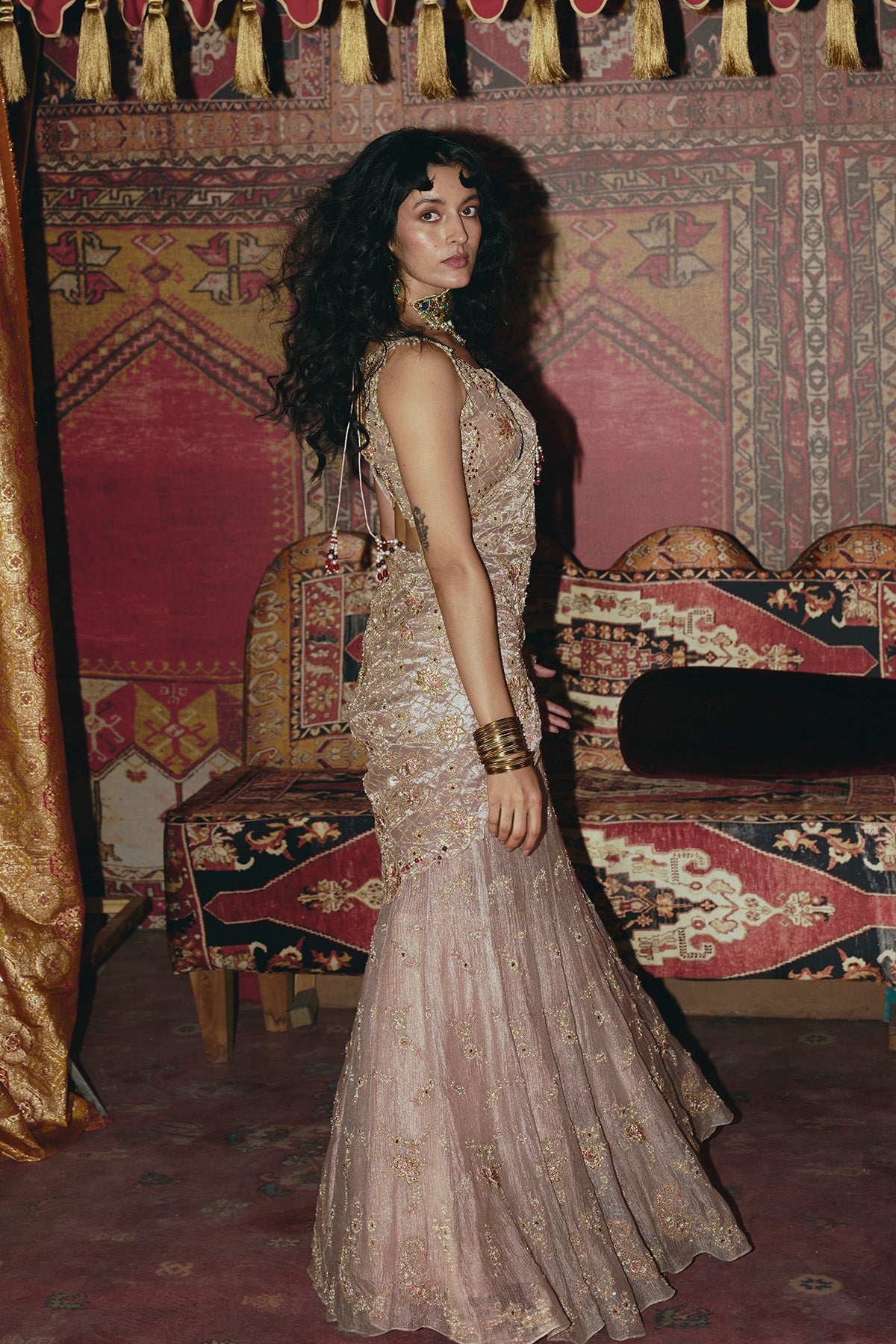 Rose Gold Drape Saree and Blouse Set