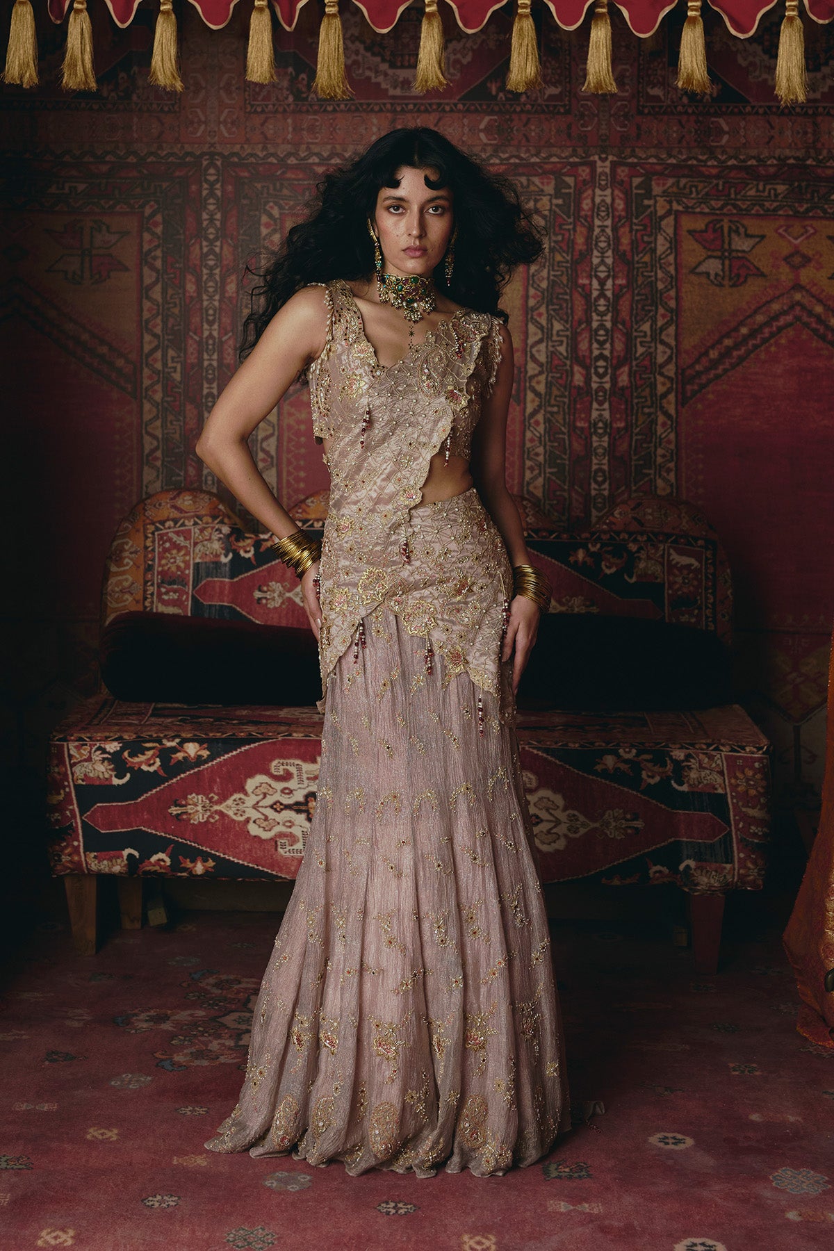 Rose Gold Drape Saree and Blouse Set