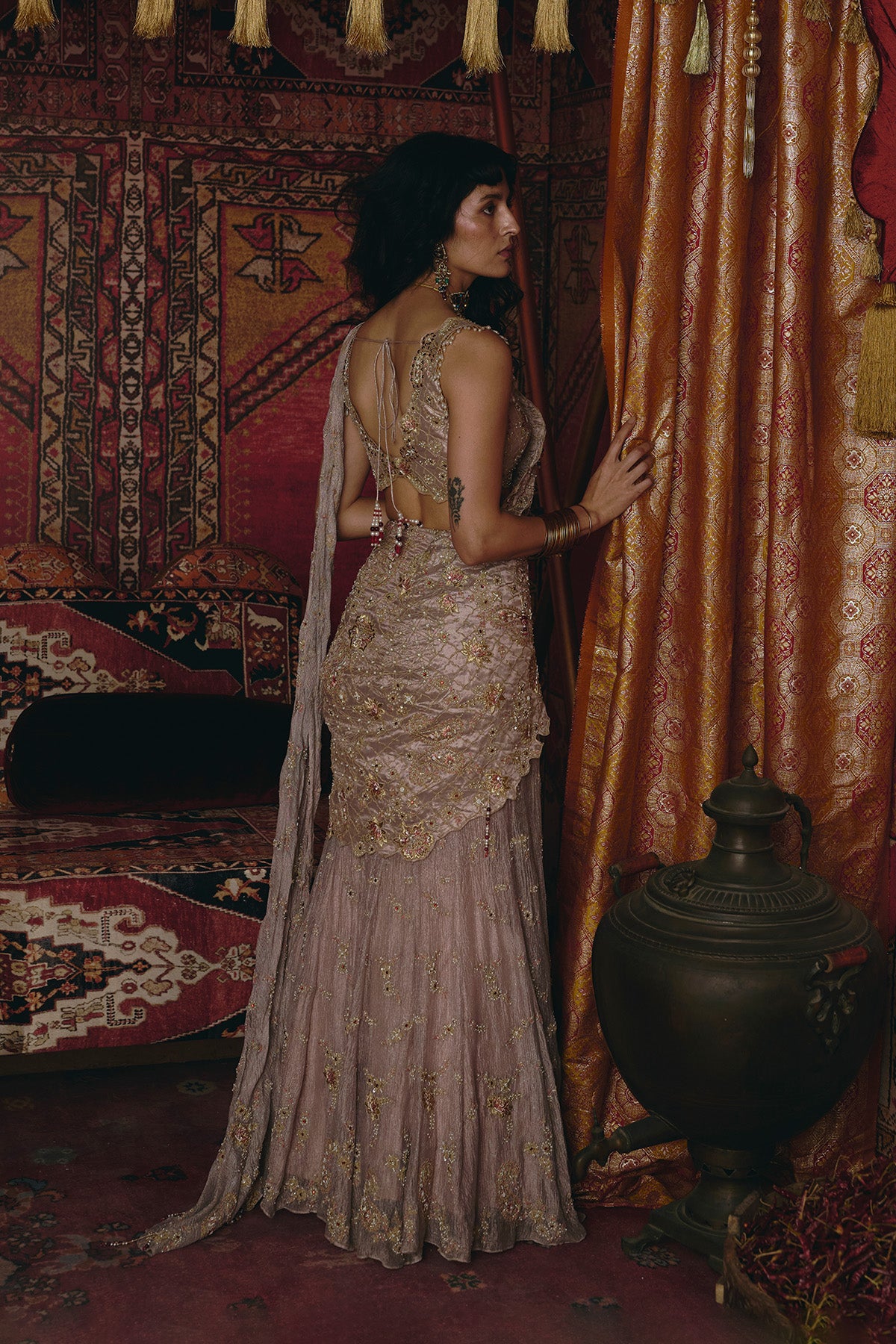 Rose Gold Drape Saree and Blouse Set