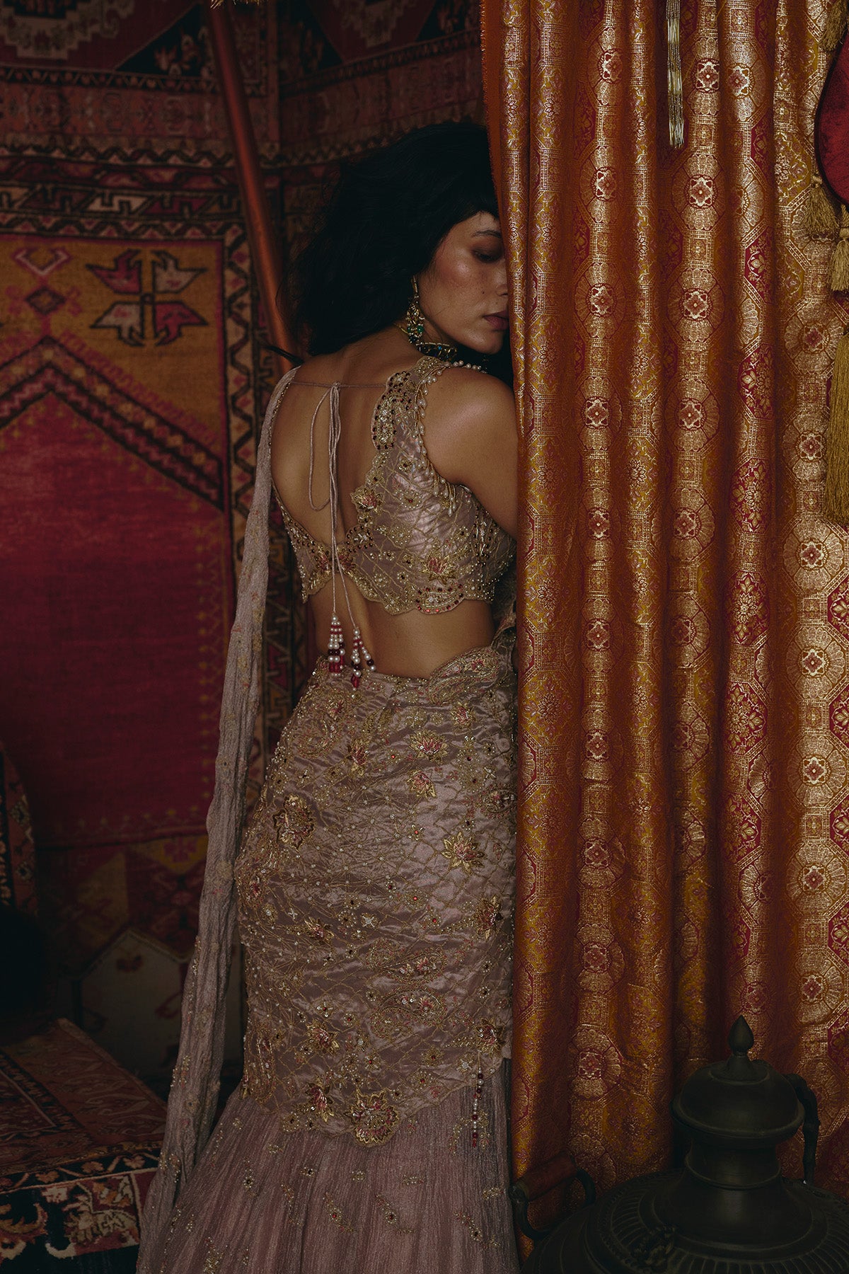 Rose Gold Drape Saree and Blouse Set