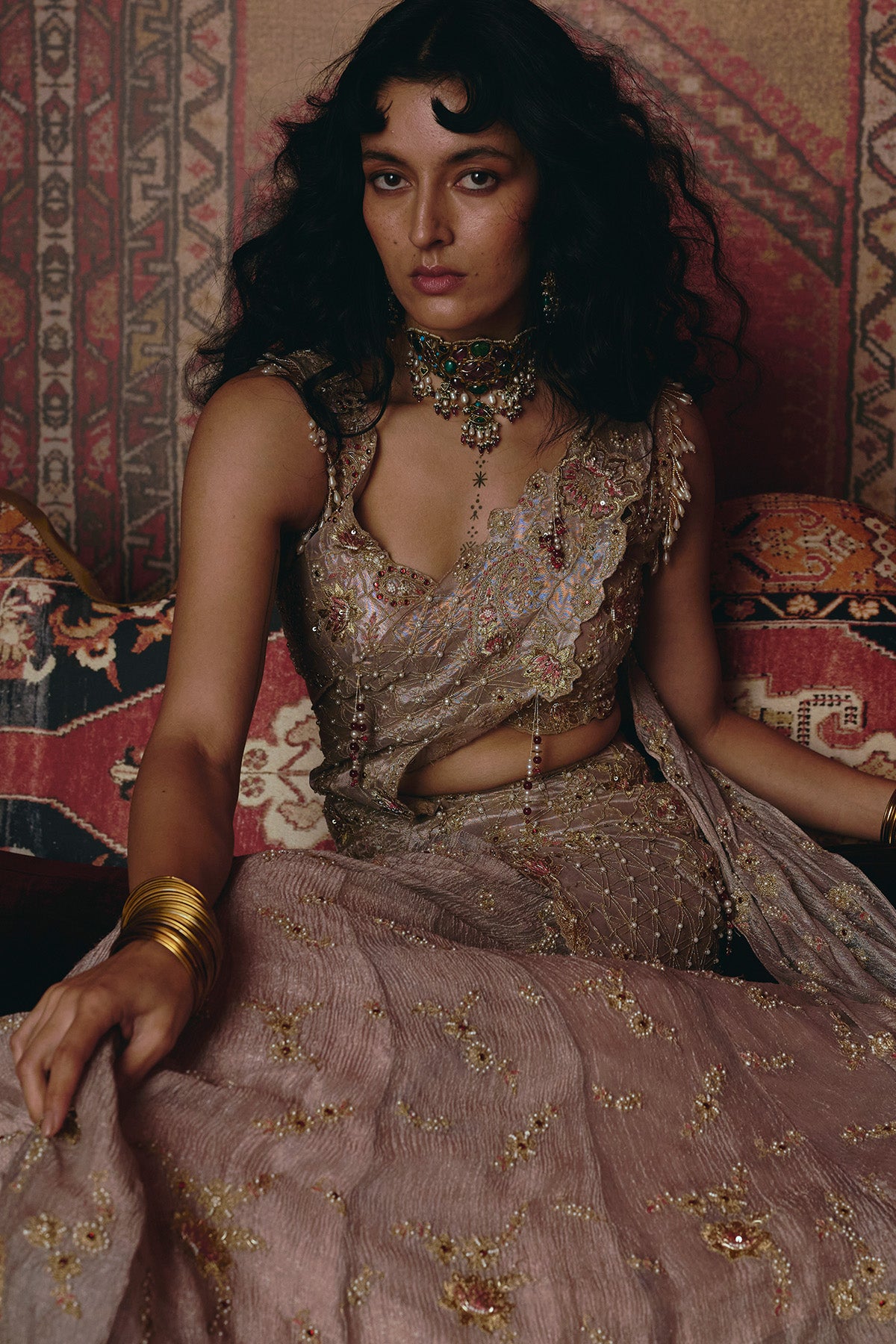 Rose Gold Drape Saree and Blouse Set